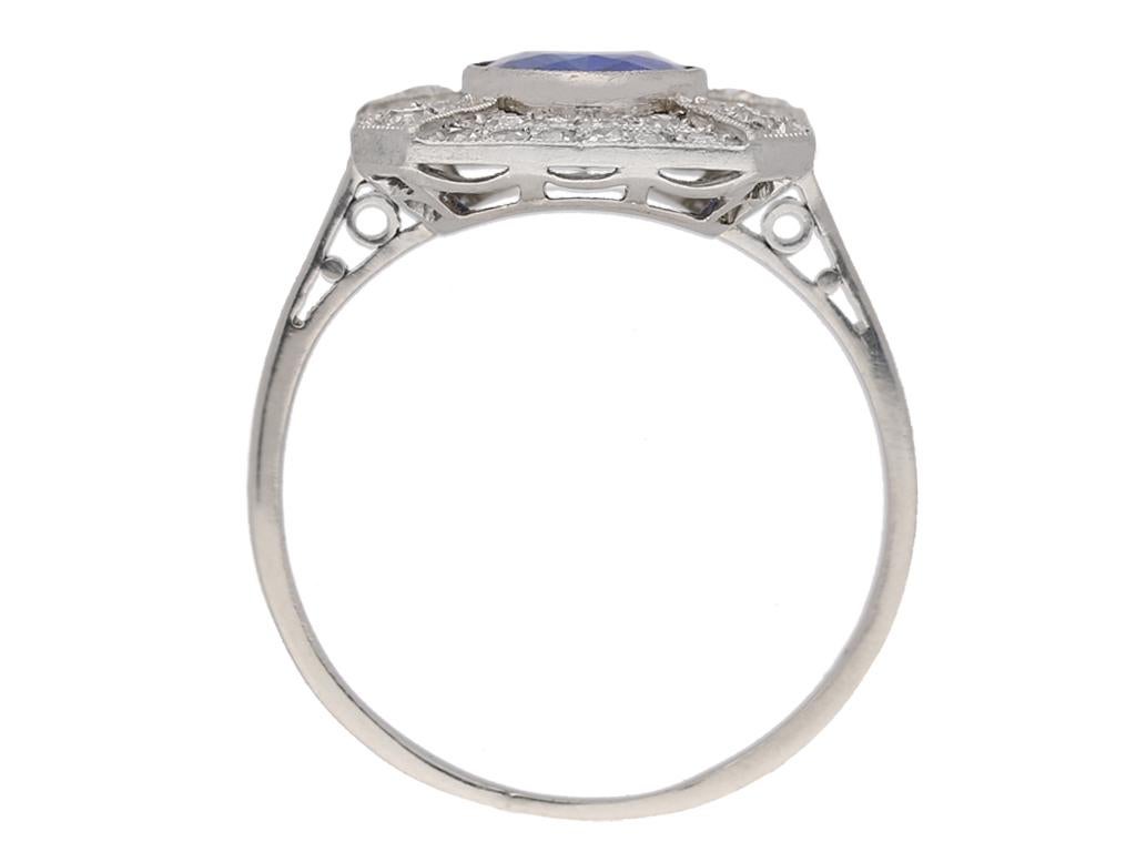 Art Deco Kashmir Sapphire and Diamond Octagonal Cluster Ring, French, circa 1925 For Sale