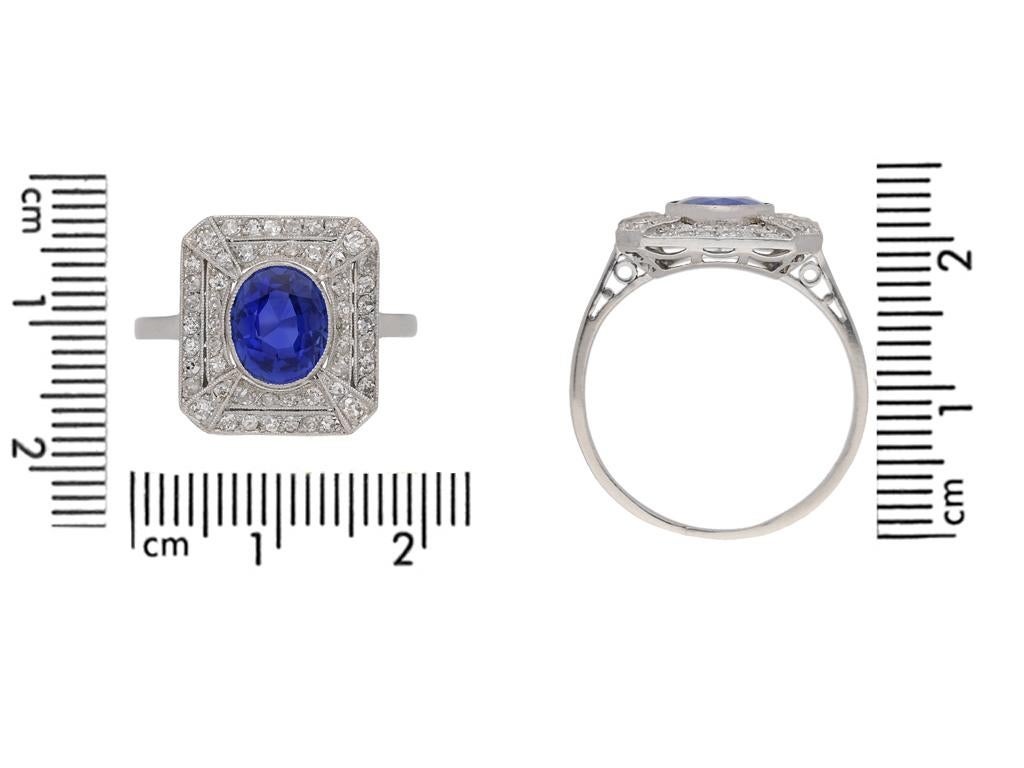 Oval Cut Kashmir Sapphire and Diamond Octagonal Cluster Ring, French, circa 1925 For Sale