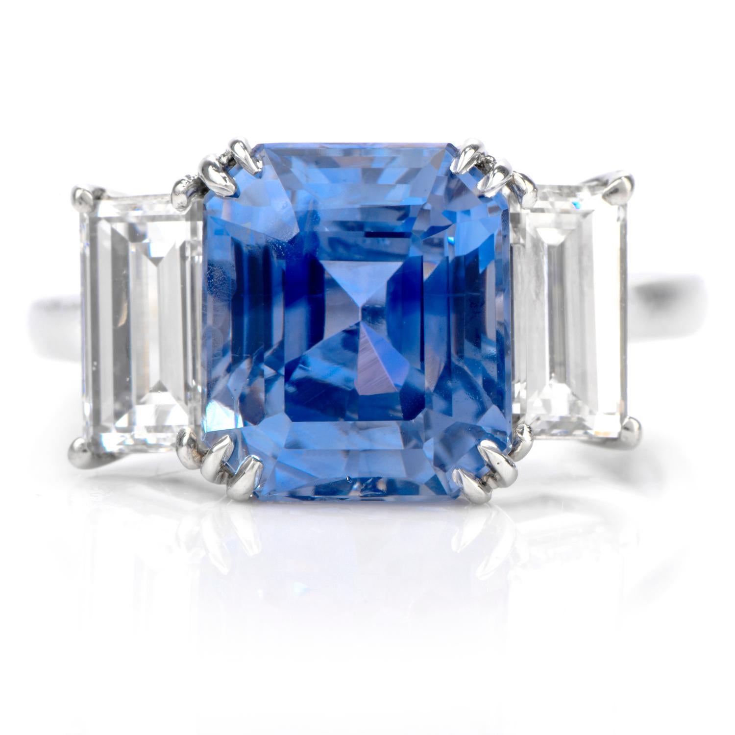 Rare Sapphire!

All Natural No Heat Sapphire from Kashmir region GIA certified. This very rare sapphire ring was inspired in a 3 stone motif and crafted in luxurious Platinum. Featuring a Step cut rectangular shaped natural Kashmir sapphire All