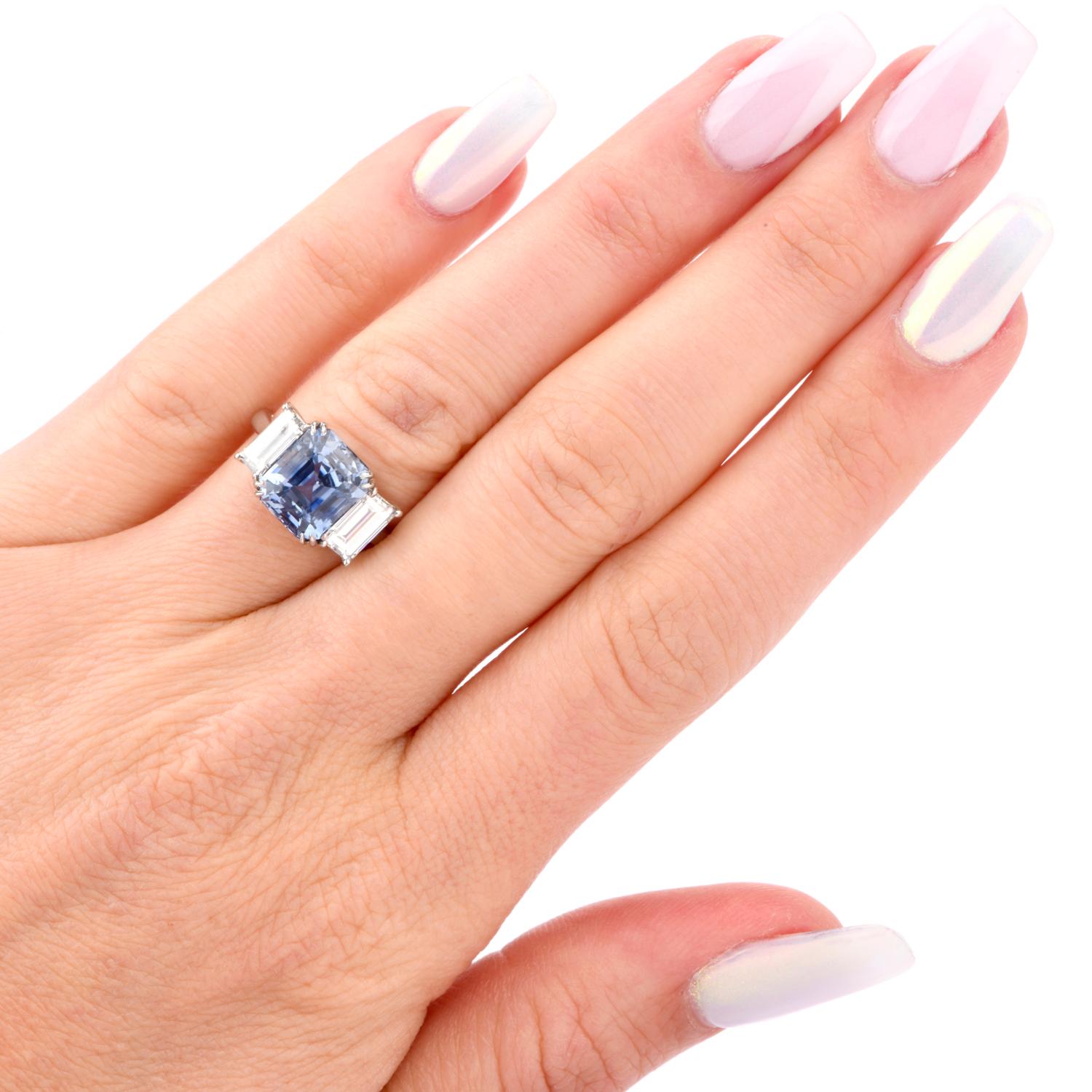 Emerald Cut Kashmir Sapphire No Heat Diamond Platinum 3-Stone Engagement Ring For Sale