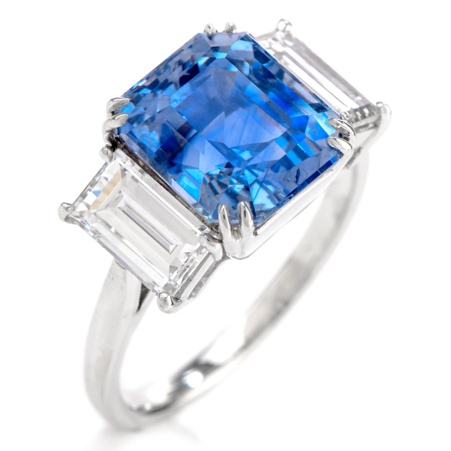 Emerald Cut Kashmir Sapphire No Heat Diamond Platinum 3-Stone Engagement Ring