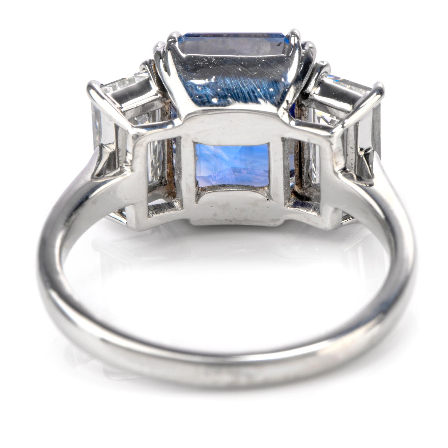 Women's or Men's Kashmir Sapphire No Heat Diamond Platinum 3-Stone Engagement Ring For Sale