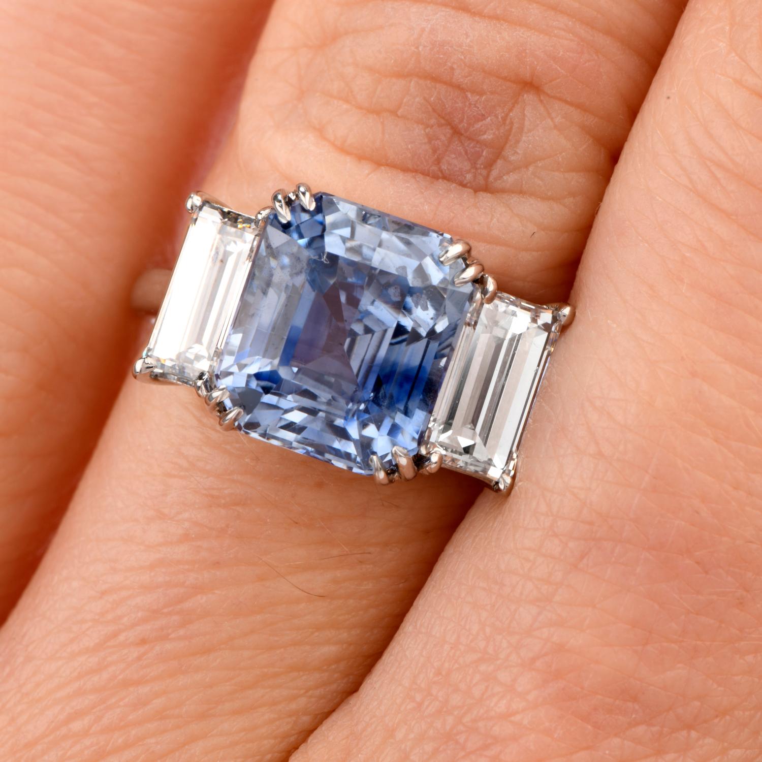Emerald Cut Kashmir Sapphire No Heat Diamond Platinum 3-Stone Engagement Ring For Sale
