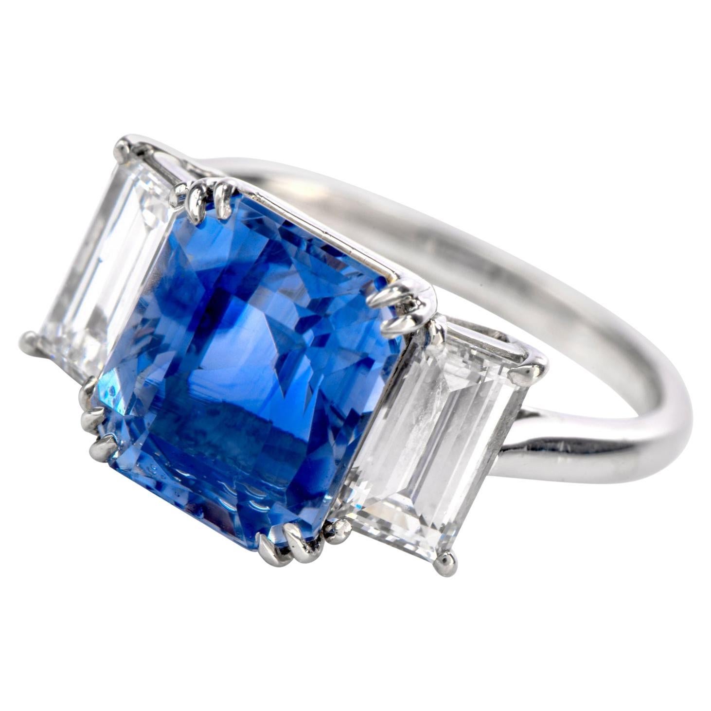 Kashmir Sapphire No Heat Diamond Platinum 3-Stone Engagement Ring For Sale