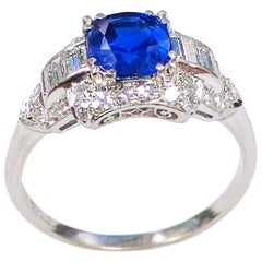 Kashmir Sapphire Platinum and Diamond 1920s Art Deco Ring