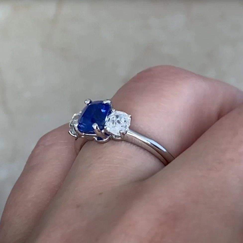 Old European Cut Kashmir Sapphire Ring (SSEF and Gubelin Approx 1.50-Carat) Three Stone, Platinum For Sale