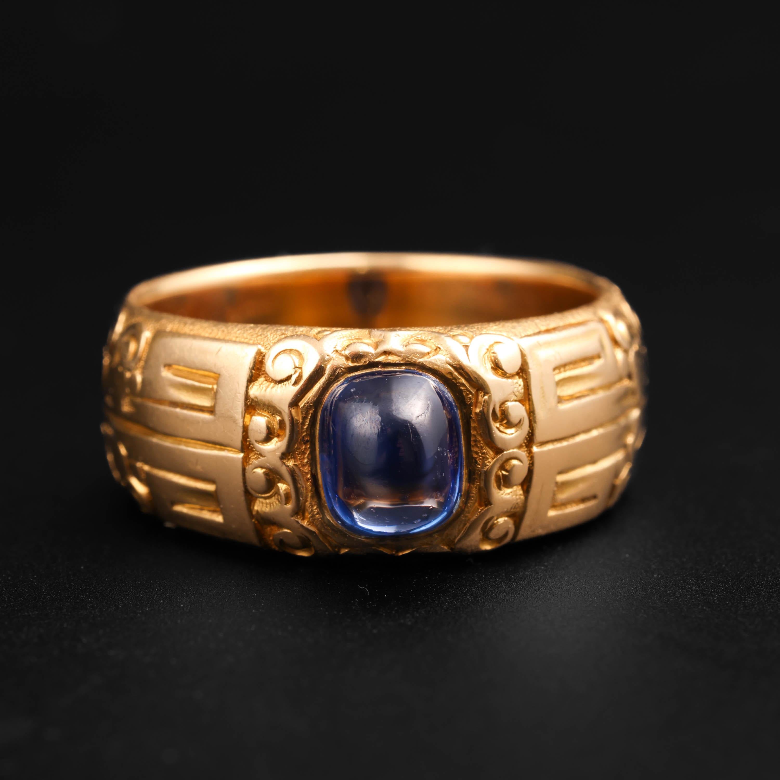This important Kashmir sapphire ring is an original gilded-age Tiffany & Co. masterpiece. It features one of the rarest, most prized gemstones on earth: a Kashmir sapphire. 

The cornflower blue pyramidal cabochon has been certified by the AGL,