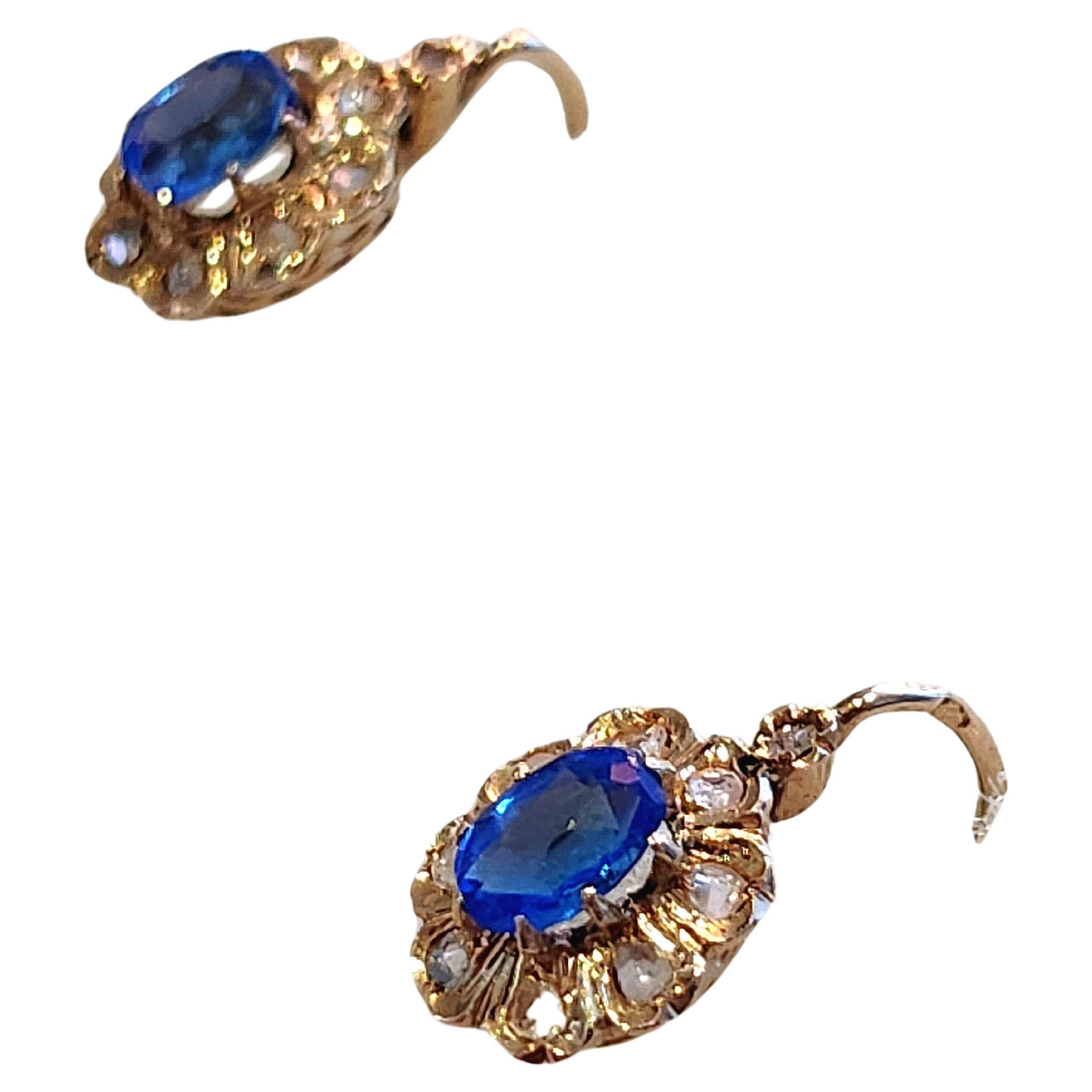 Kashmir Sapphire Diamond French Gold Earrings In Good Condition For Sale In Cairo, EG