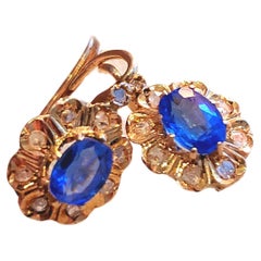 Antique Kashmir Sapphire Diamond French Gold Earrings