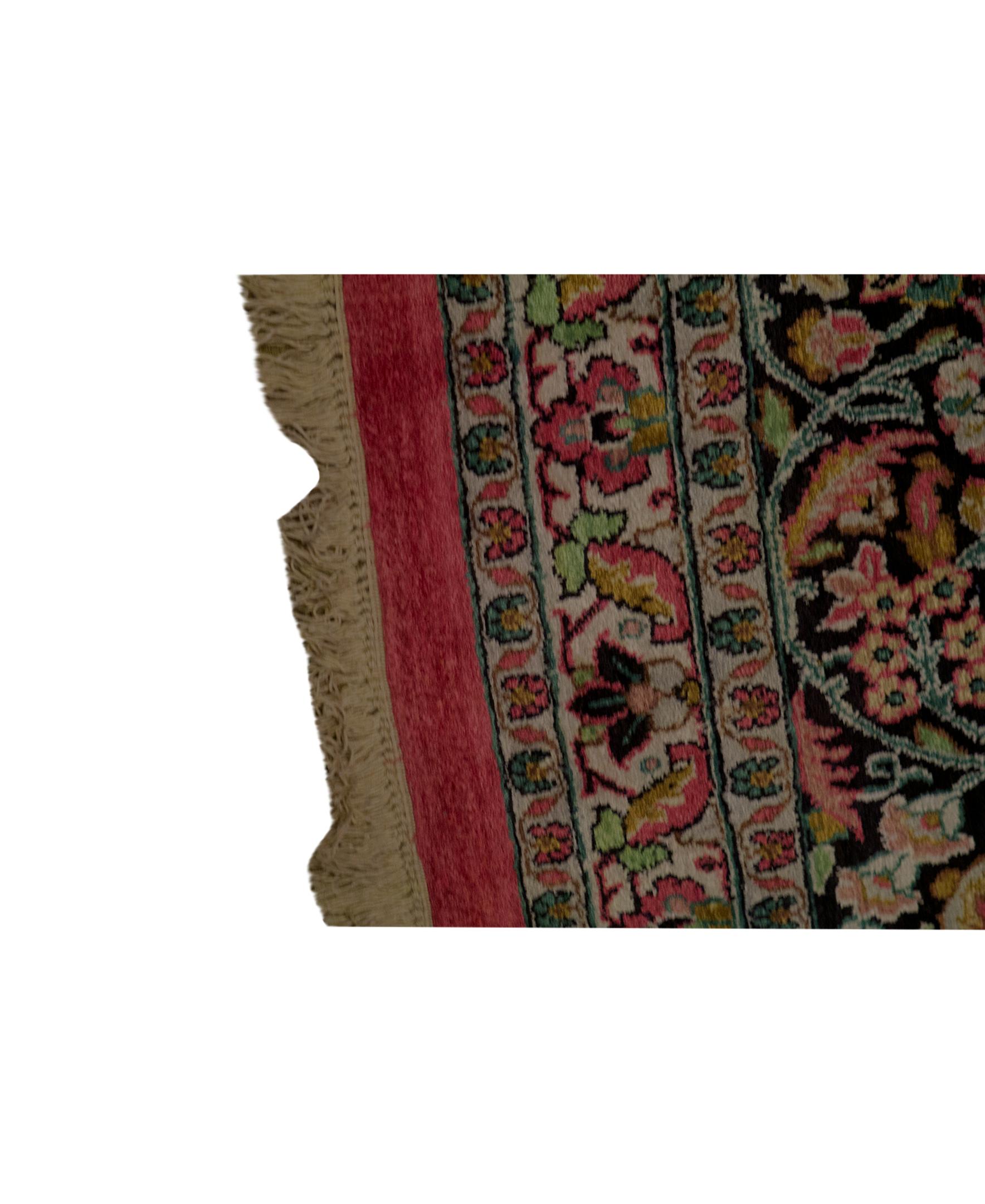 Traditional Handwoven Antique Kashmir Silk Rose / Black Rug. Size: 9'-8