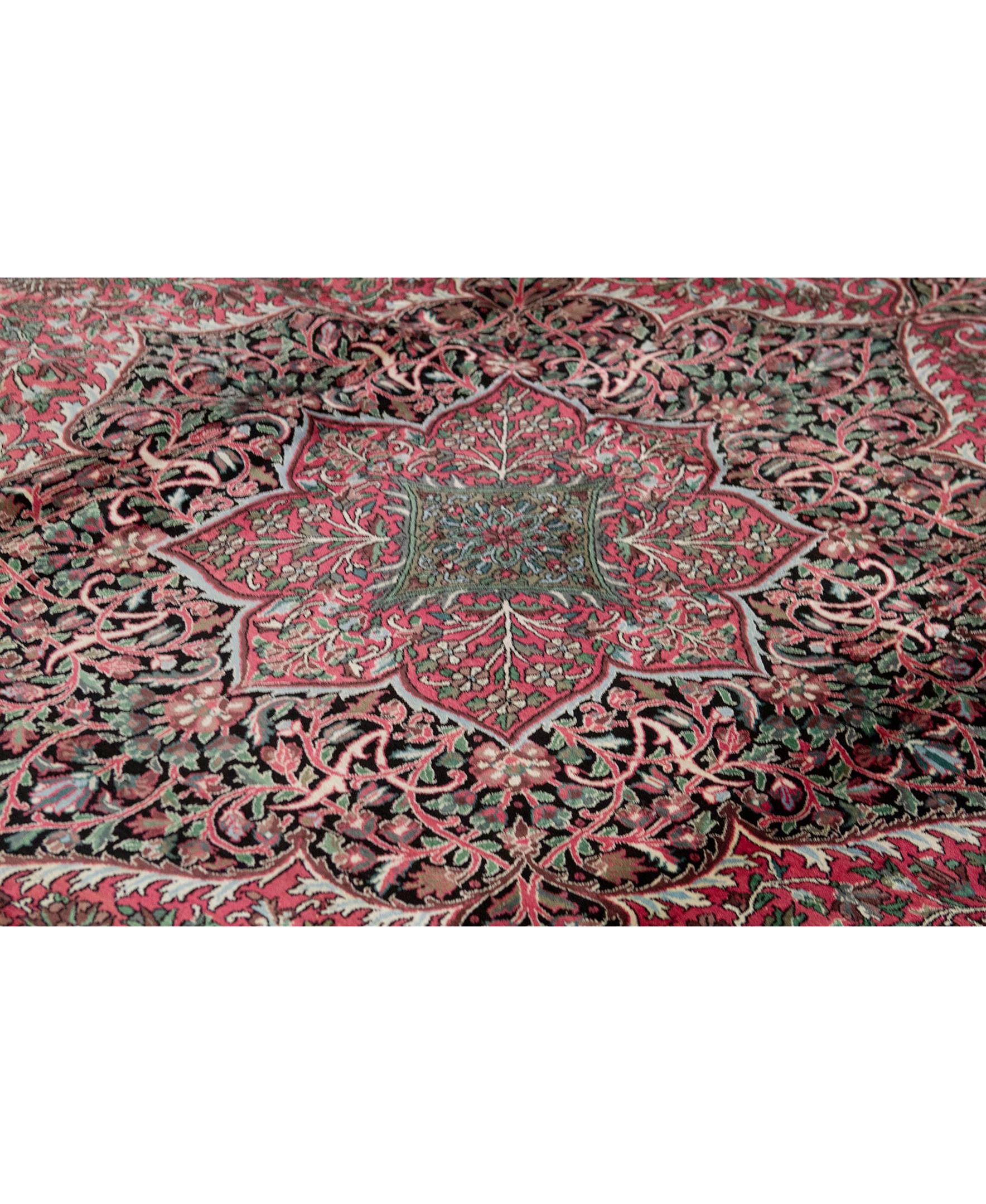 Traditional Handwoven Antique Kashmir Silk Black Rug. Size: 10'-1