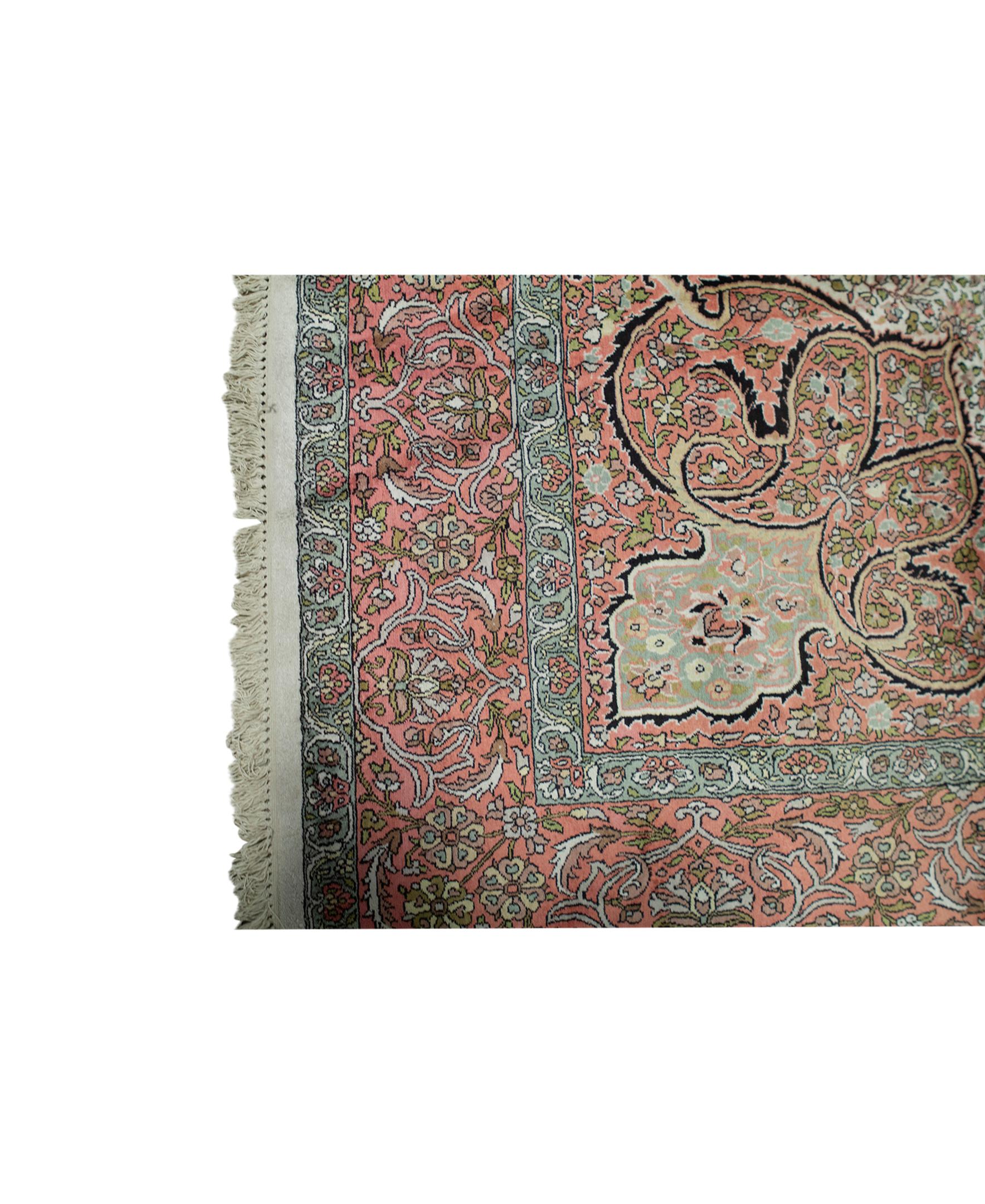 Other Antique Persian Fine Traditional Handwoven Luxury Kashmir Silk Ivory / Rose Rug For Sale