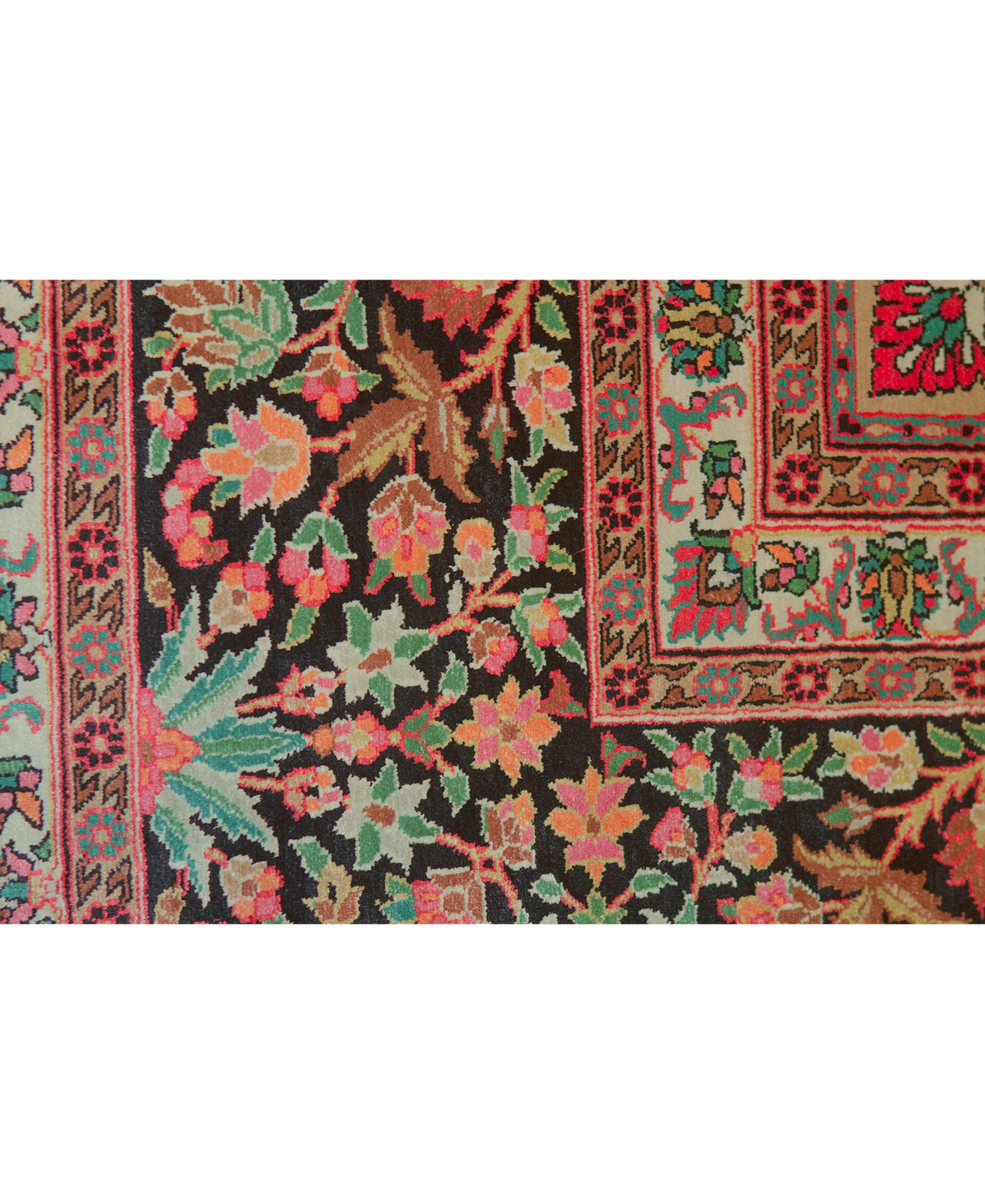 Other Traditional Handwoven Antique Kashmir Silk Rose / Black Rug For Sale