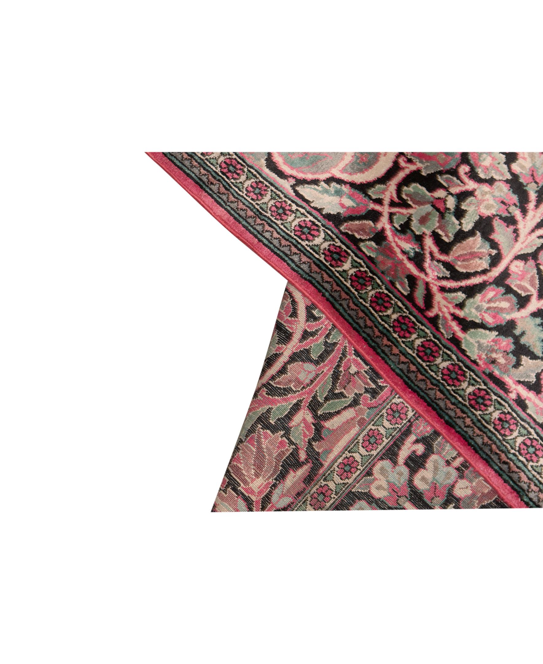 Other Traditional Handwoven Antique Kashmir Silk Black Rug For Sale