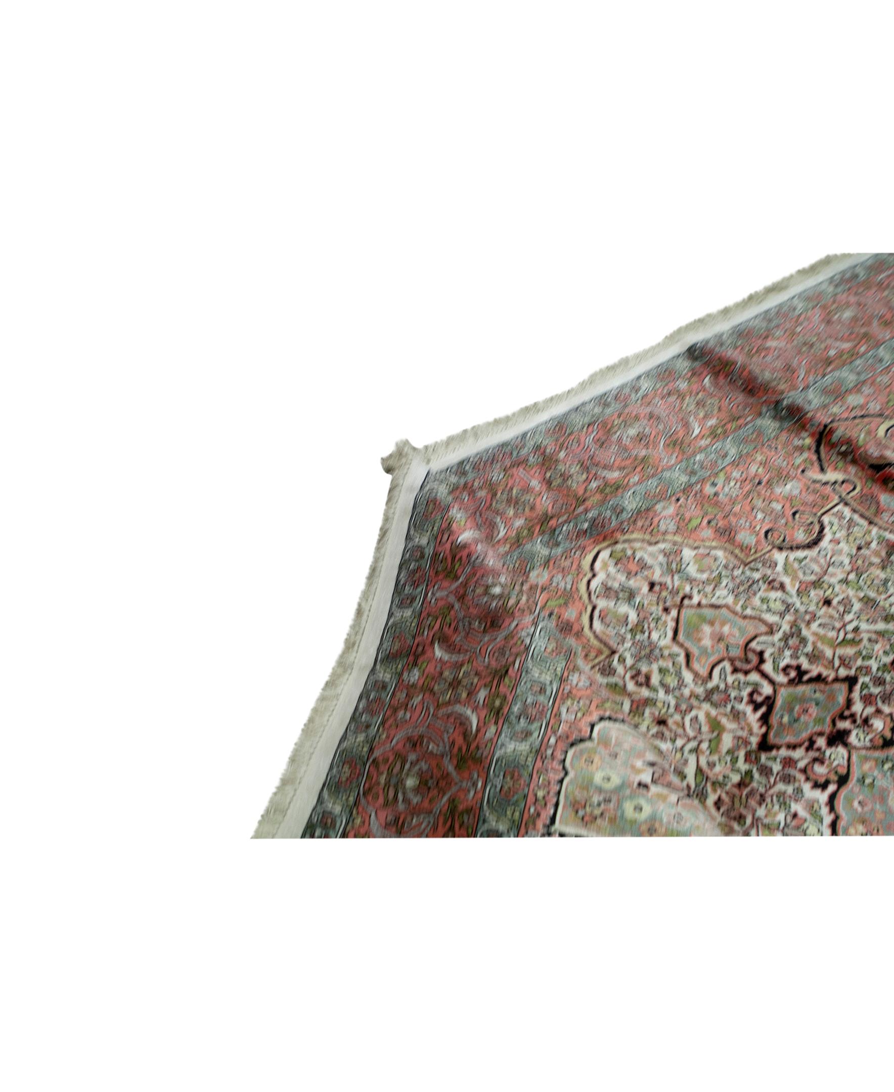 Hand-Woven Antique Persian Fine Traditional Handwoven Luxury Kashmir Silk Ivory / Rose Rug For Sale