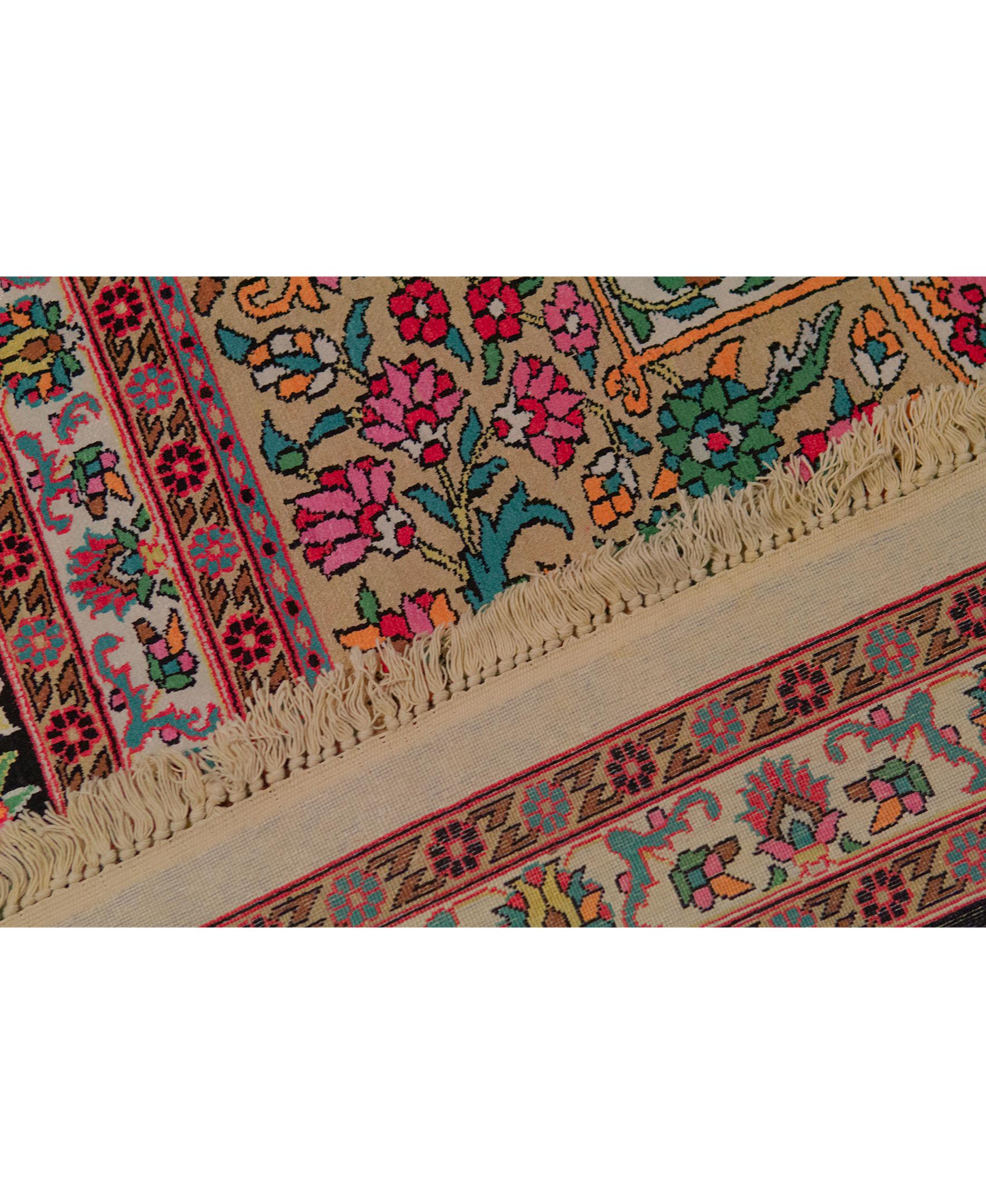 Indian Traditional Handwoven Antique Kashmir Silk Rose / Black Rug For Sale