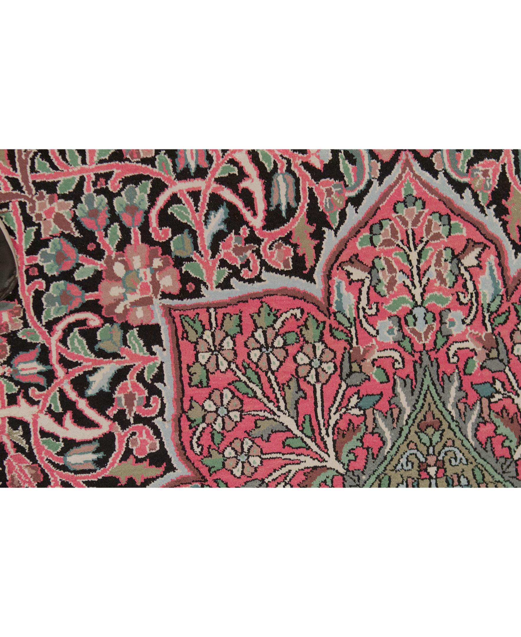 Indian Traditional Handwoven Antique Kashmir Silk Black Rug For Sale