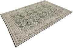 Vintage Kashmir India Silk Rug, Hand-Knotted, 9.10x6.9 ft – Ivory, Beige, Black