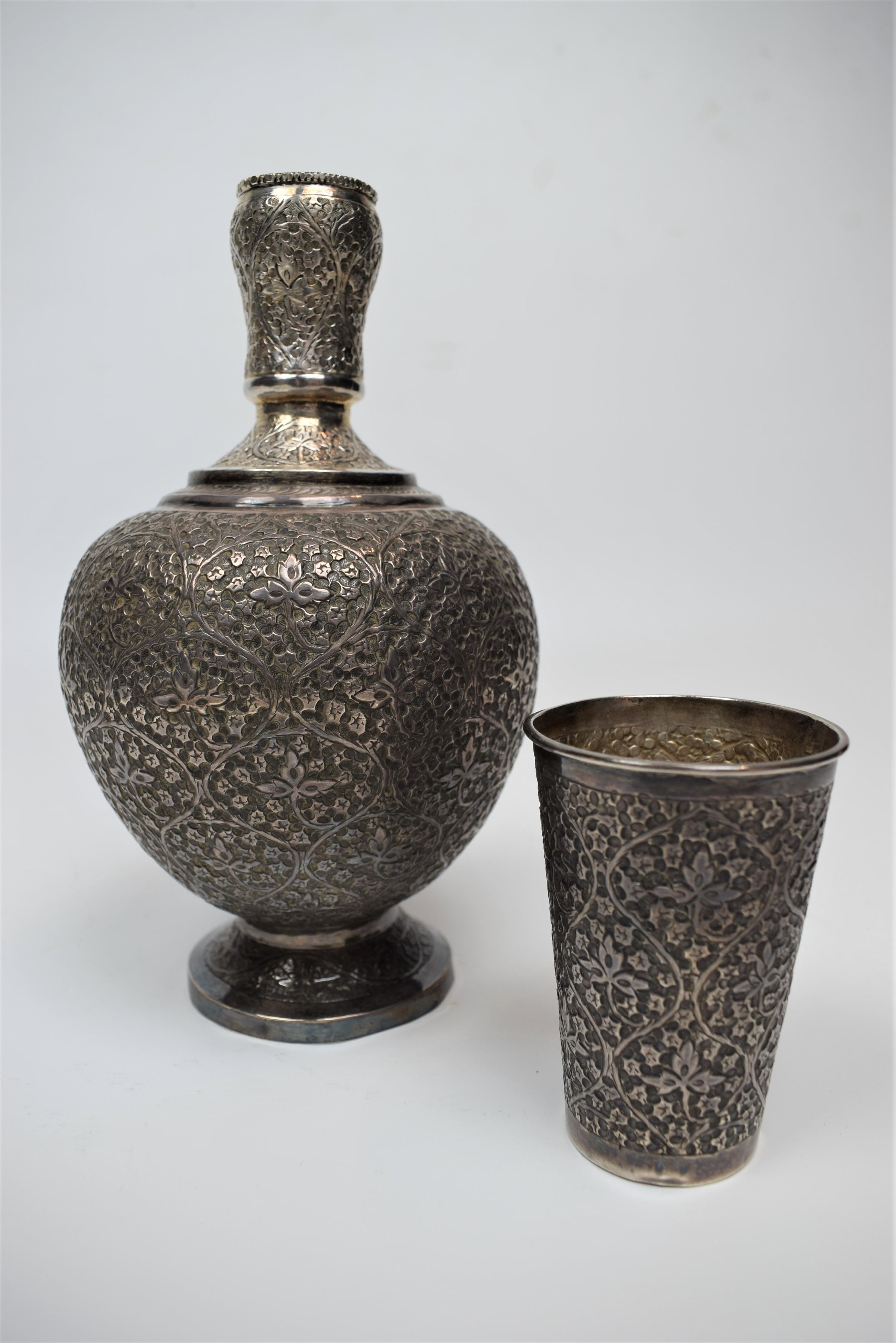 Indian Kashmiri 92% Silver Wine Vessel and Glass, Mid-19th Century