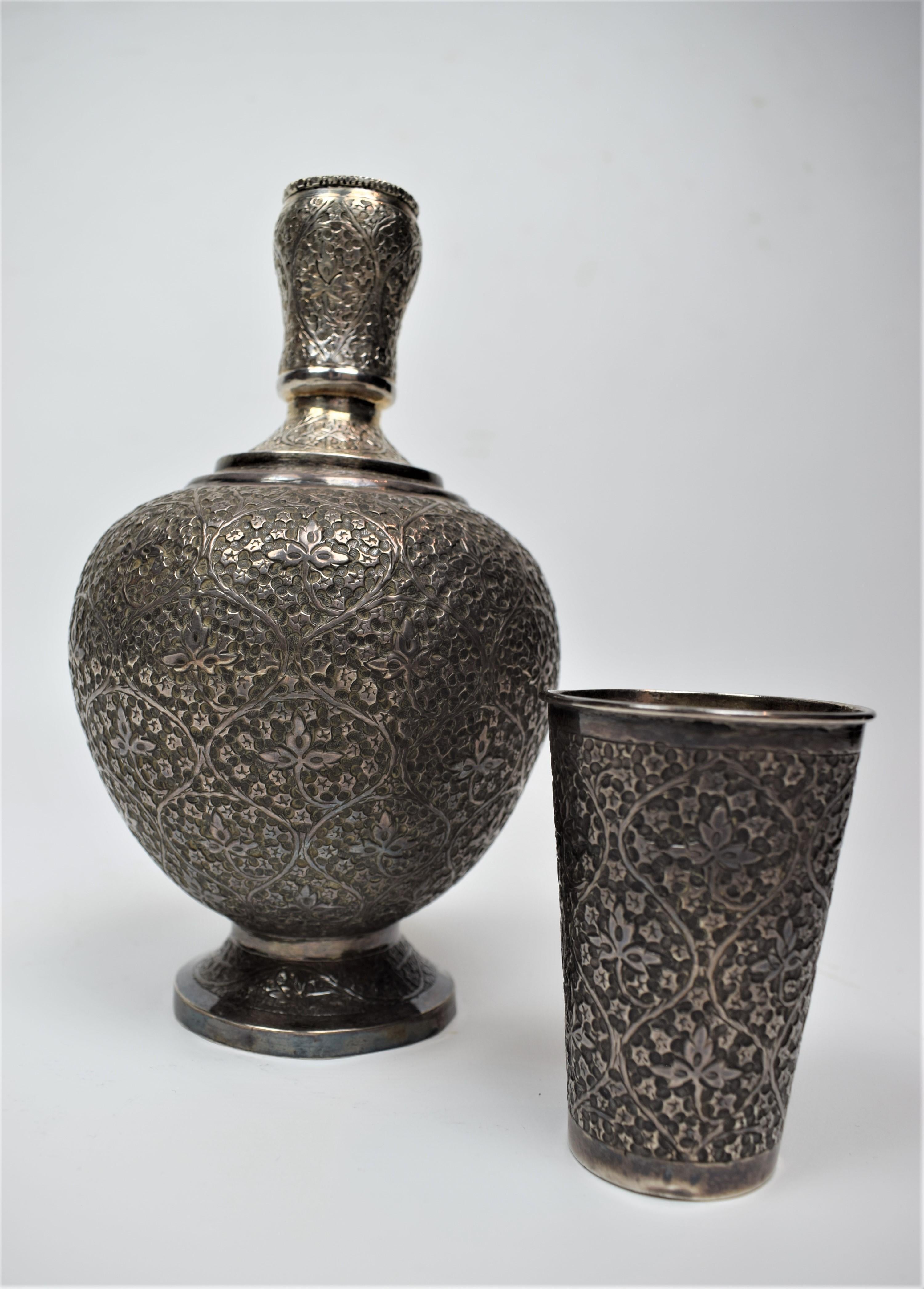 Engraved Kashmiri 92% Silver Wine Vessel and Glass, Mid-19th Century