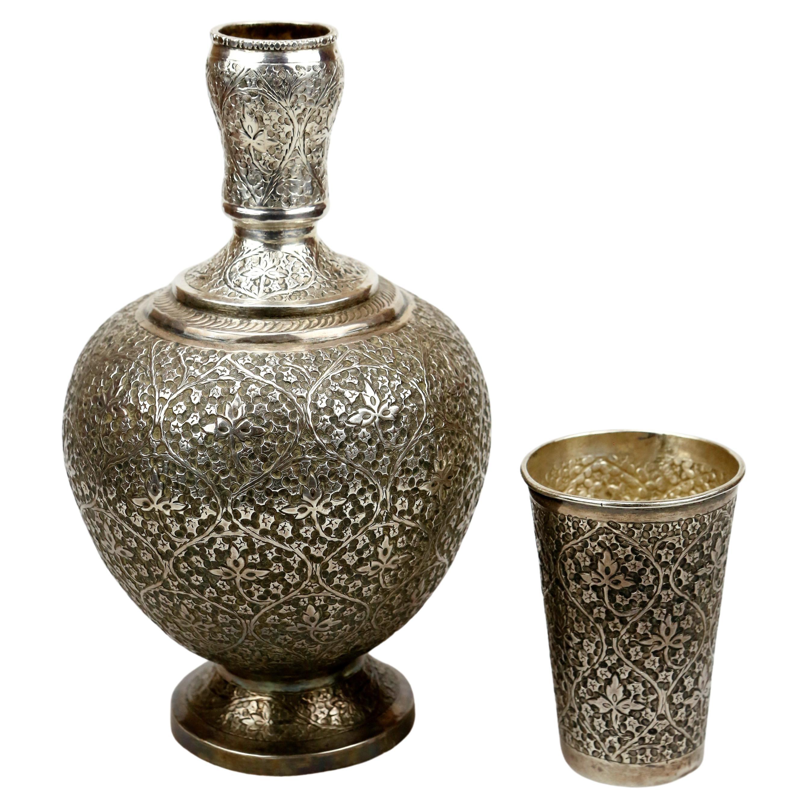 Kashmiri 92% Silver Wine Vessel and Glass, Mid-19th Century