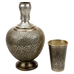 Antique Kashmiri 92% Silver Wine Vessel and Glass, Mid-19th Century