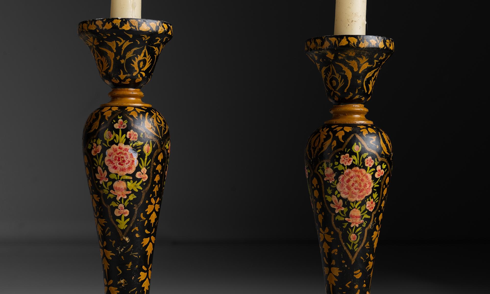 Indian Kashmiri Candlesticks, India Circa 1910 For Sale