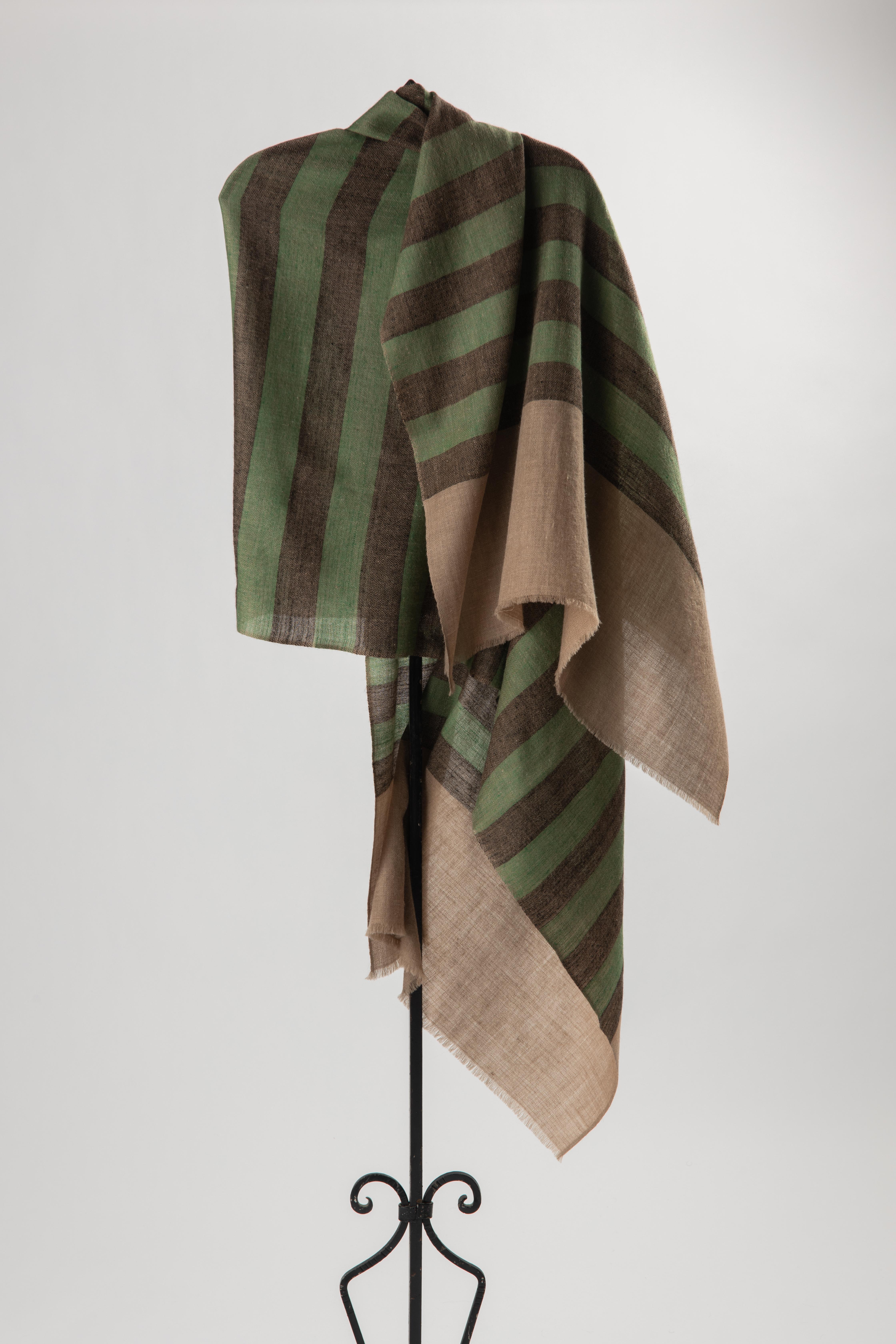 Kashmiri Indian hand woven charcoal and green stripe 100% cashmere shawl with ivory borders. Super luxurious, soft, and lightweight, indescribable as to how wonderful the shawl feels. This piece is one of a kind, made by the artist, has slight