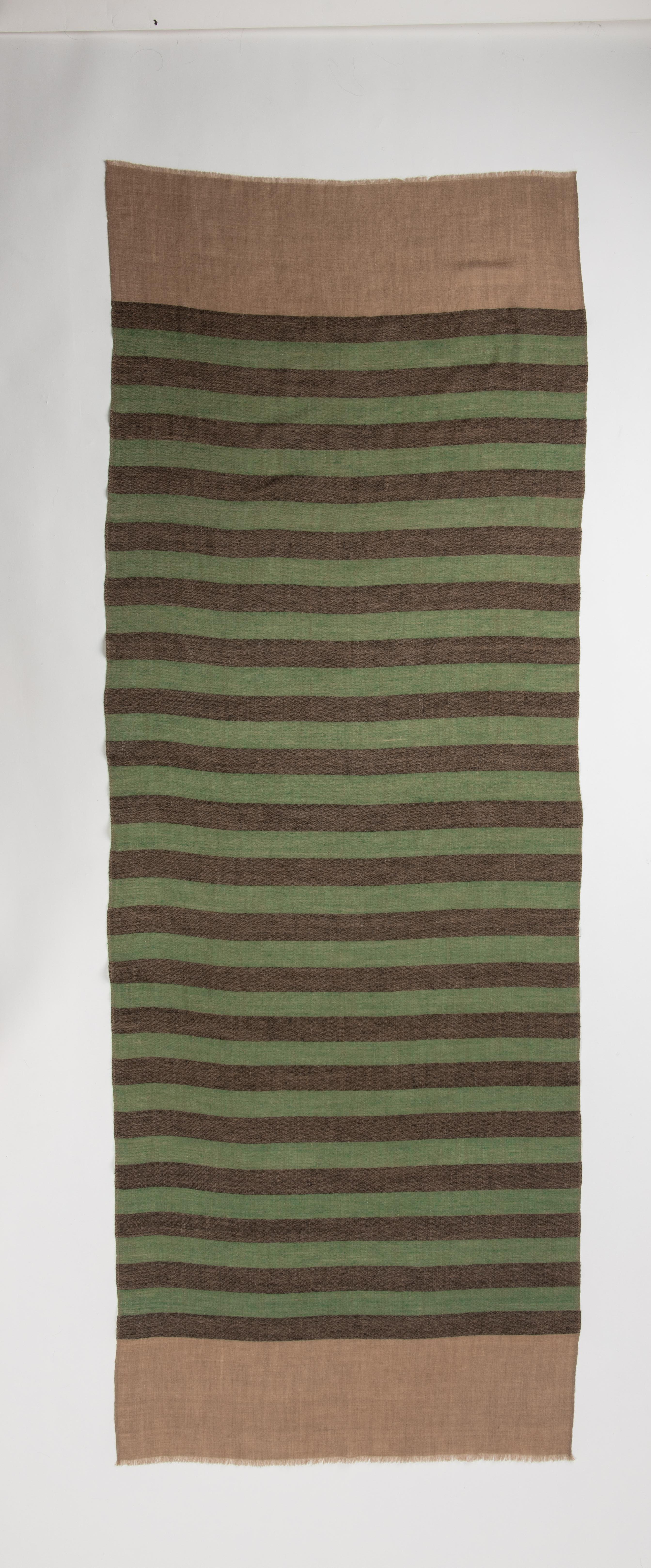 Gray Kashmiri Indian Handwoven Charcoal And Green Stripe 100% Cashmere Shawl For Sale