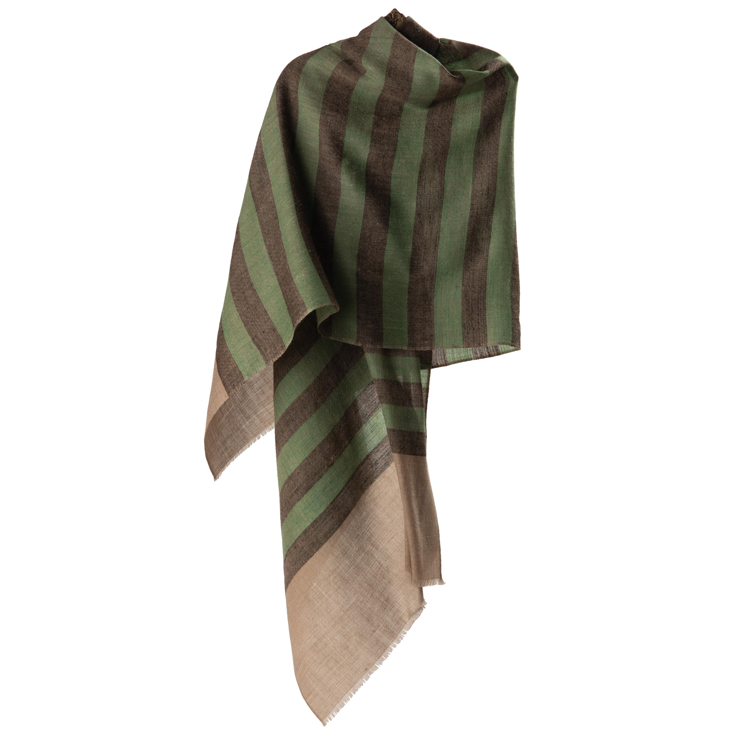 Kashmiri Indian Handwoven Charcoal And Green Stripe 100% Cashmere Shawl For Sale