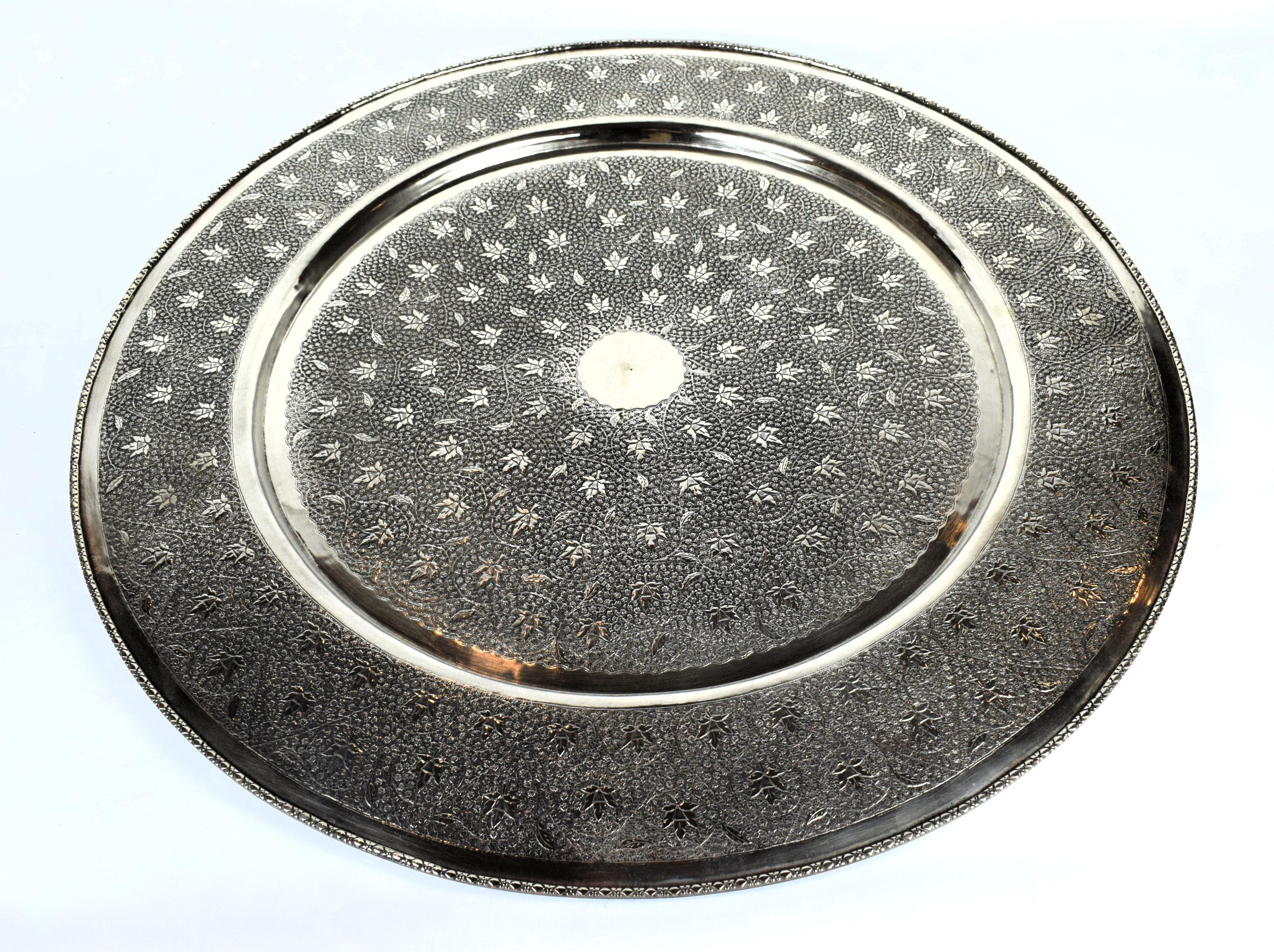Kashmiri Indian Silver White-Metal Engraved Platter, Early 20th Century  For Sale 1