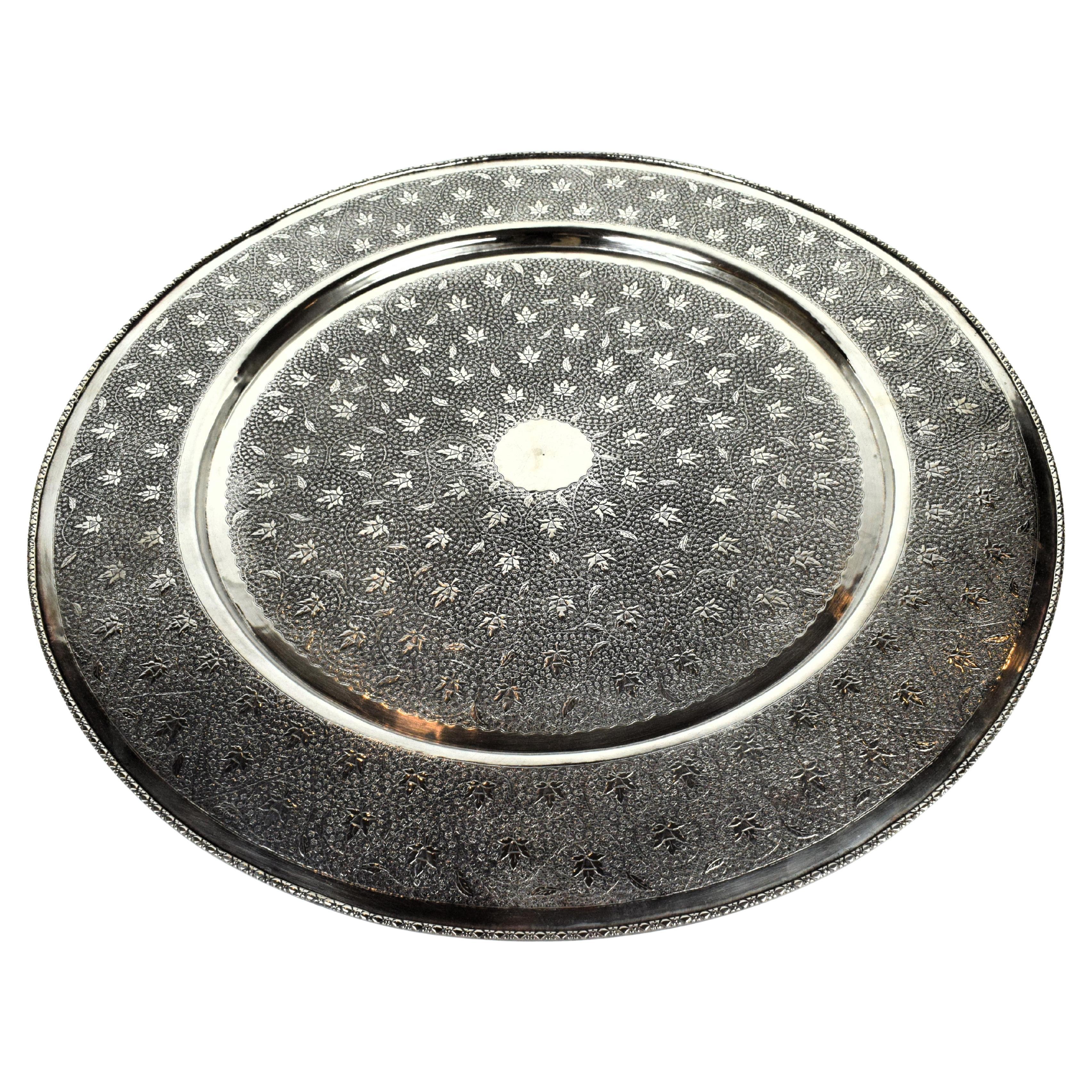 Kashmiri Indian Silver White-Metal Engraved Platter, Early 20th Century  For Sale