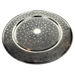 Antique Kashmiri Indian Silver White-Metal Engraved Platter, Early 20th Century 