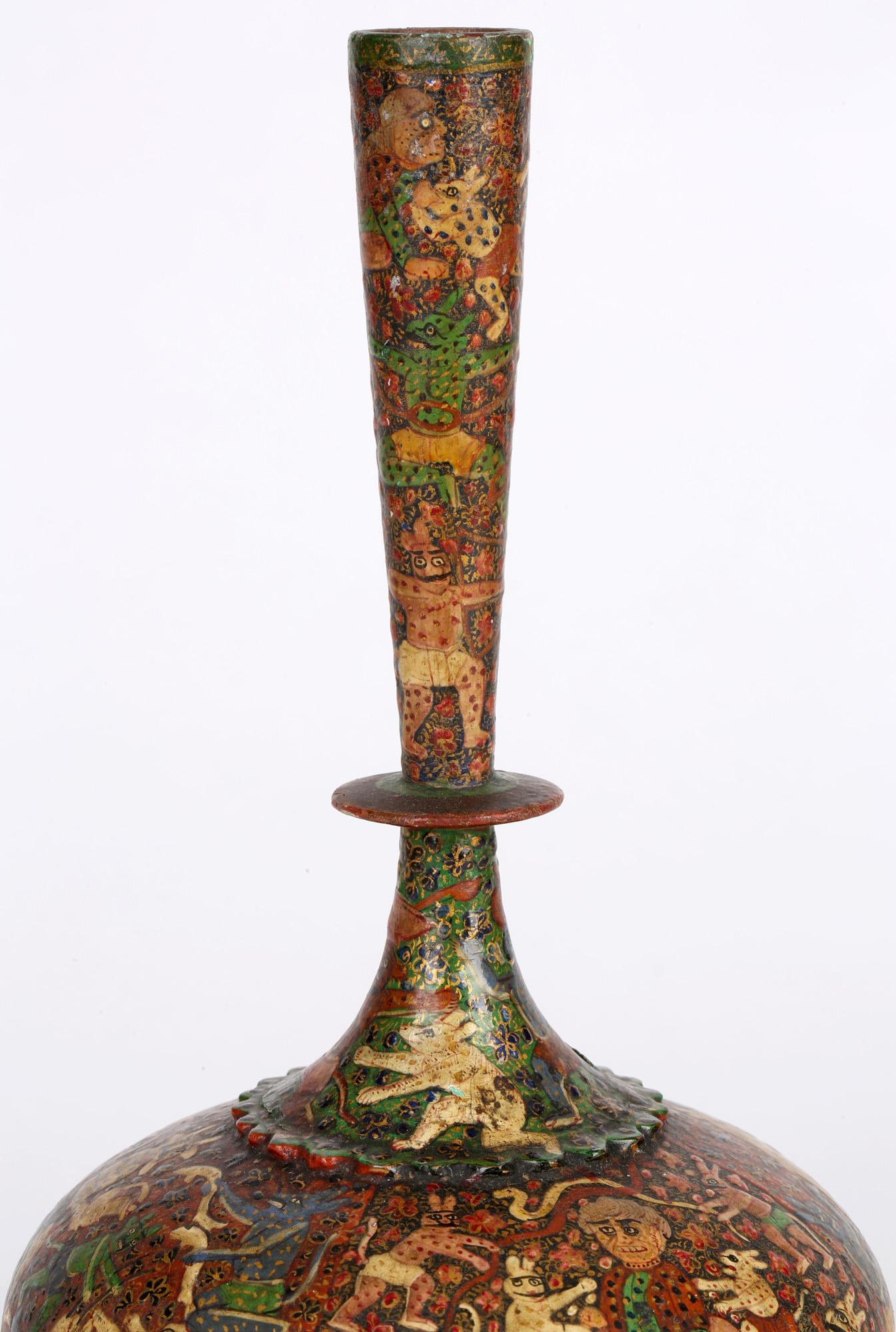 Kashmiri Indian Unusual Antique Lacquered Bottle Vase with Mythical Figures 2