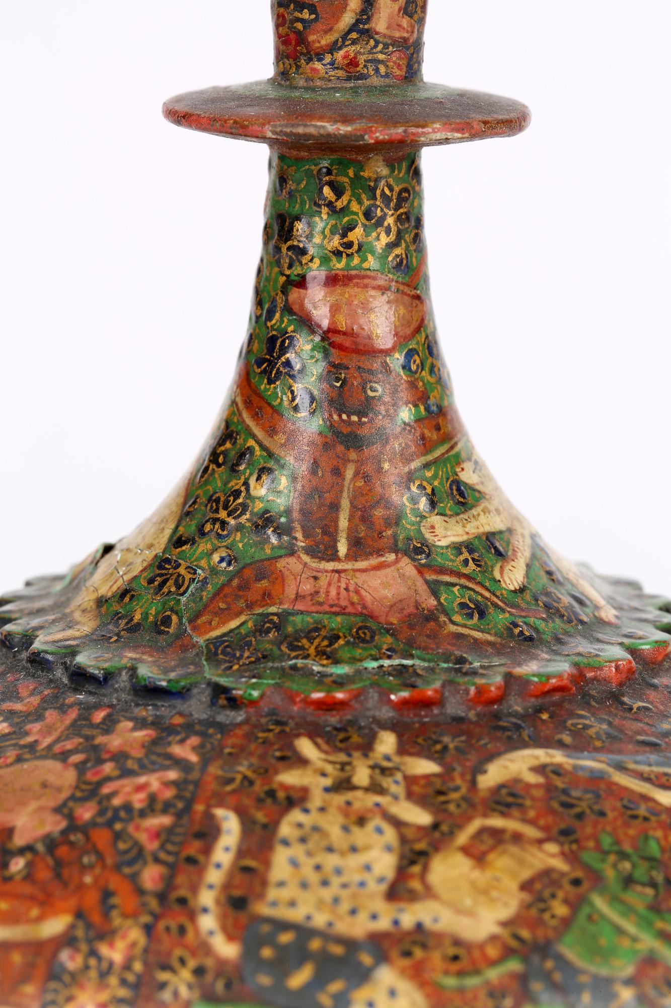 Kashmiri Indian Unusual Antique Lacquered Bottle Vase with Mythical Figures 3