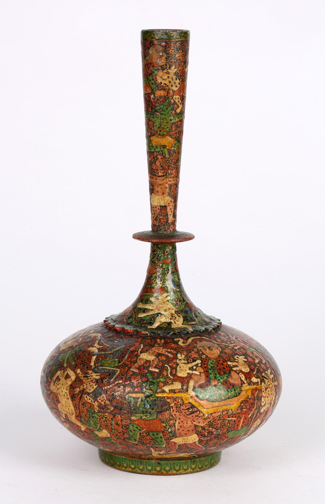 Kashmiri Indian Unusual Antique Lacquered Bottle Vase with Mythical Figures 4