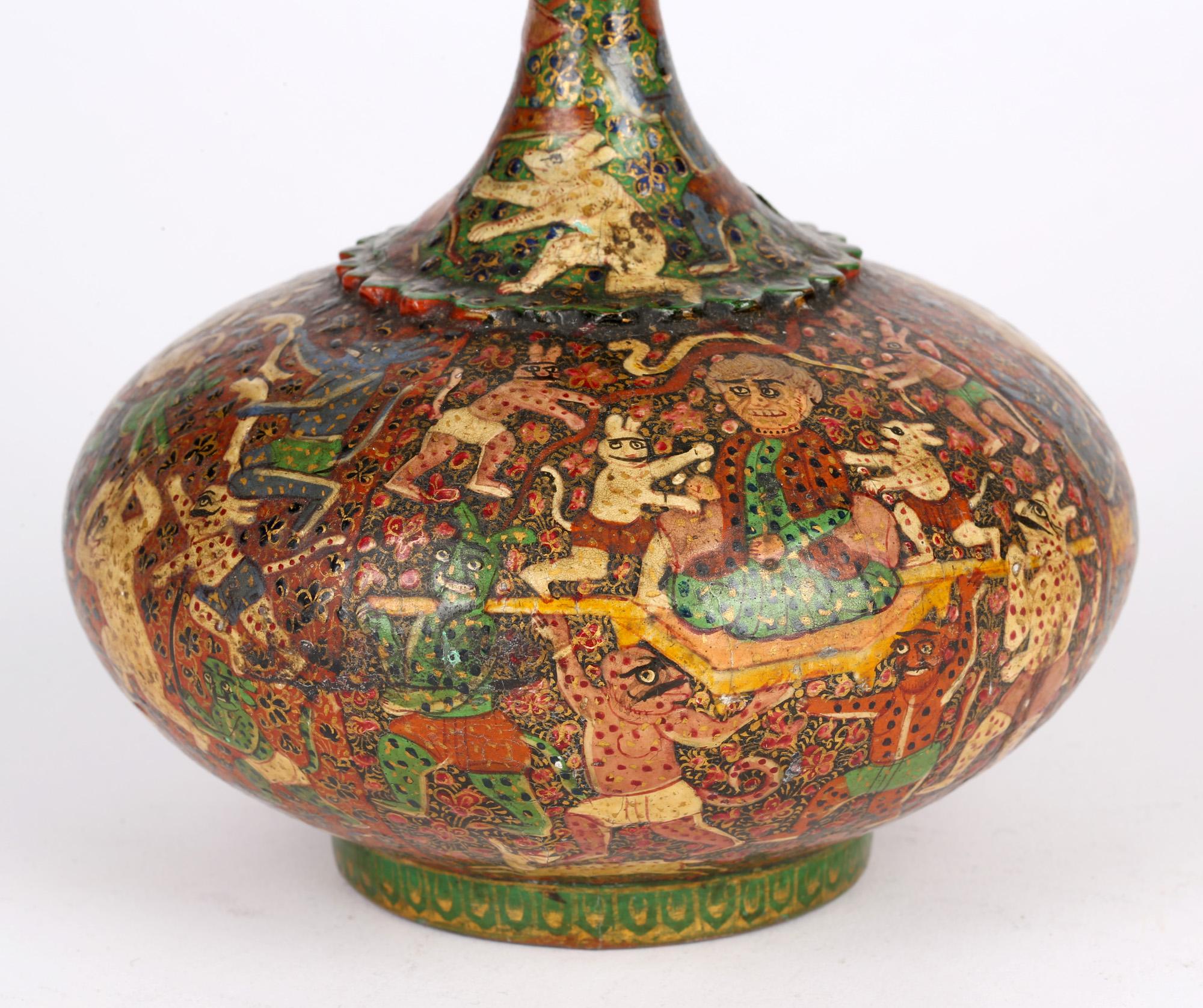 Kashmiri Indian Unusual Antique Lacquered Bottle Vase with Mythical Figures 5