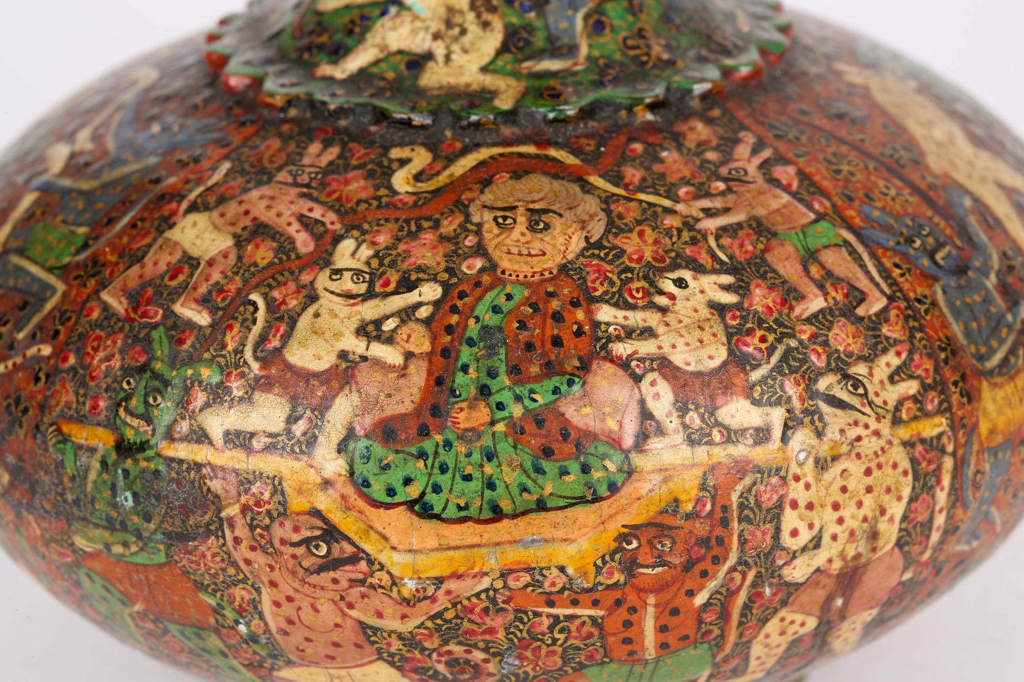 Kashmiri Indian Unusual Antique Lacquered Bottle Vase with Mythical Figures 6