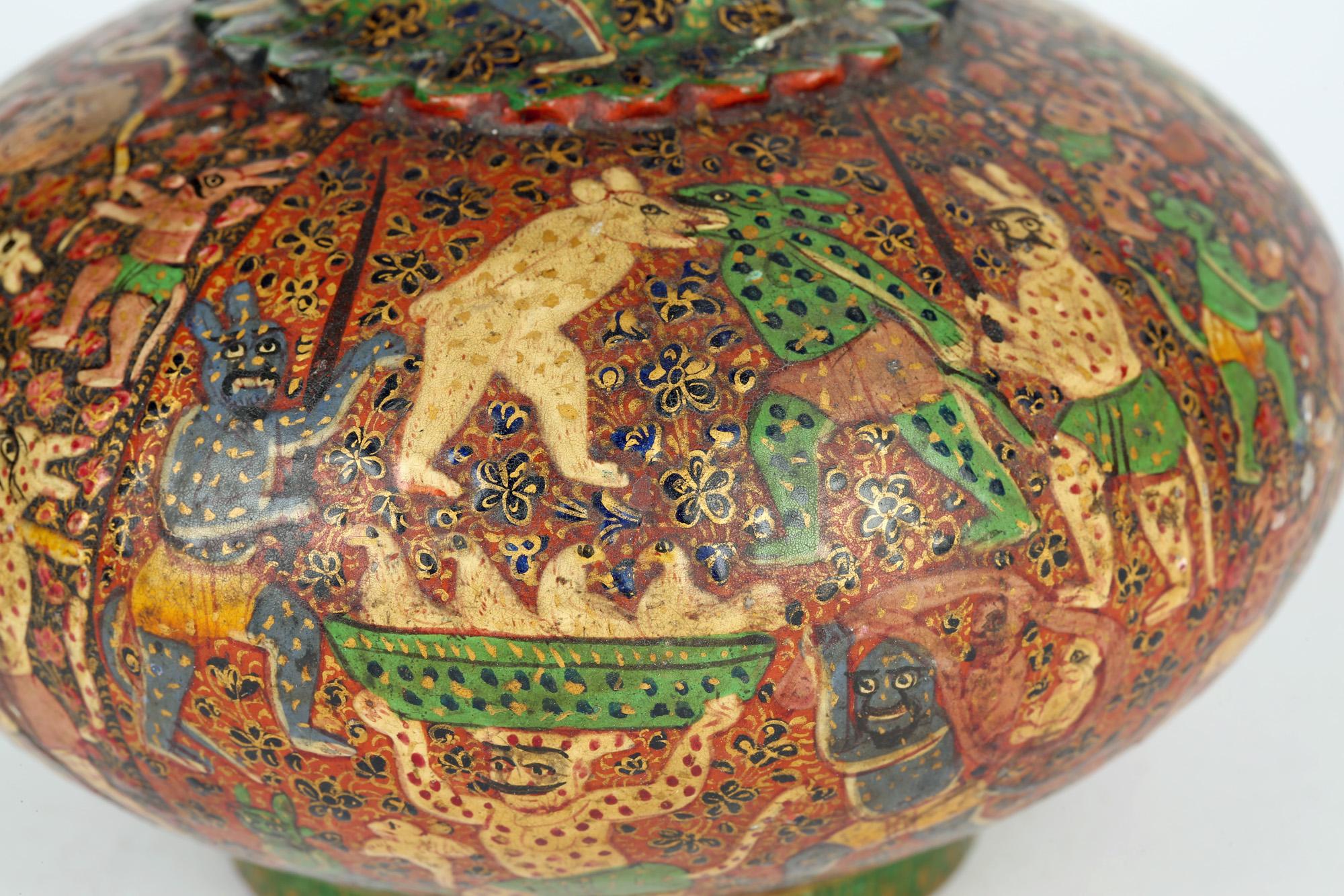 Kashmiri Indian Unusual Antique Lacquered Bottle Vase with Mythical Figures 7