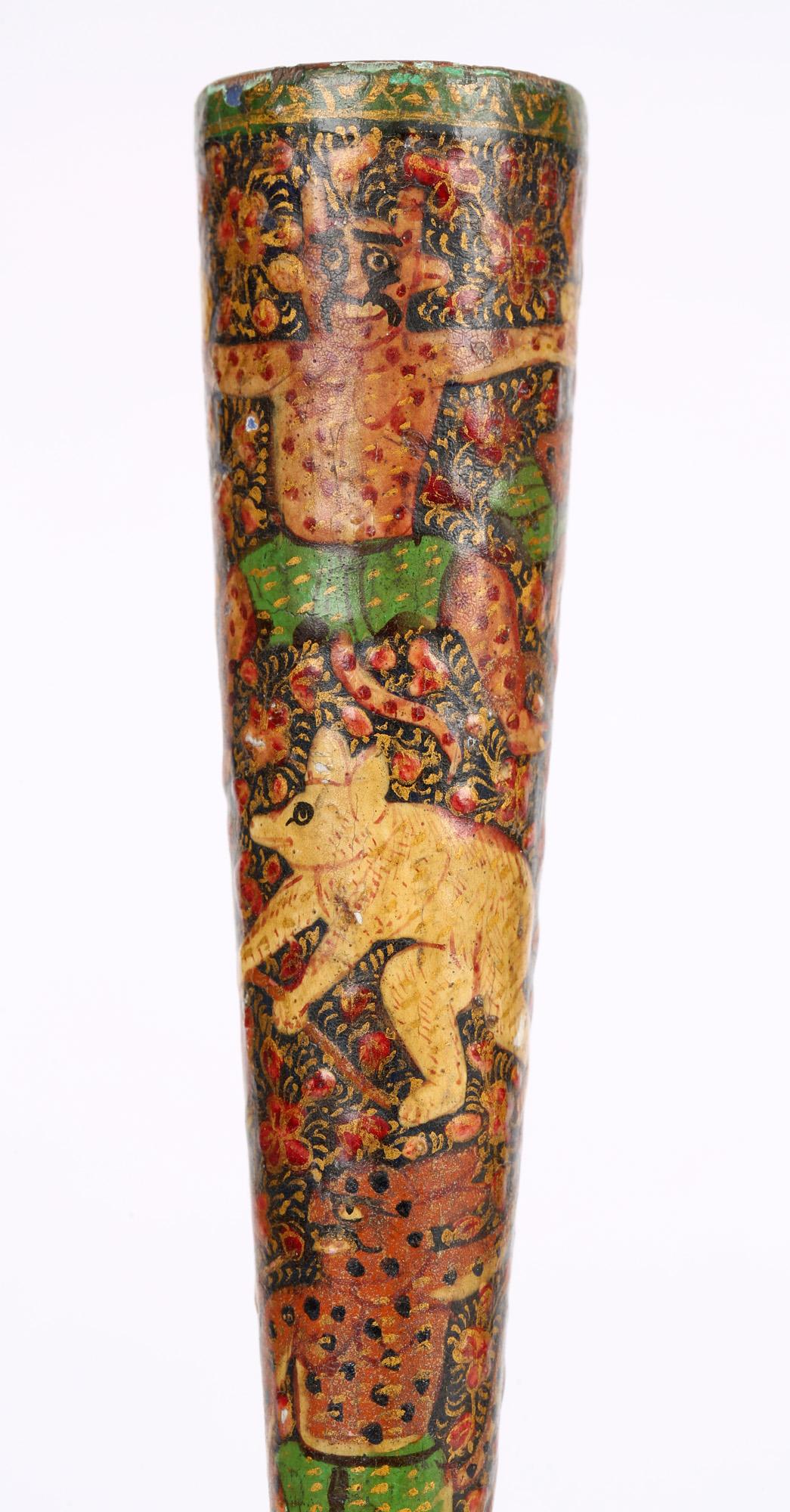 Kashmiri Indian Unusual Antique Lacquered Bottle Vase with Mythical Figures 8