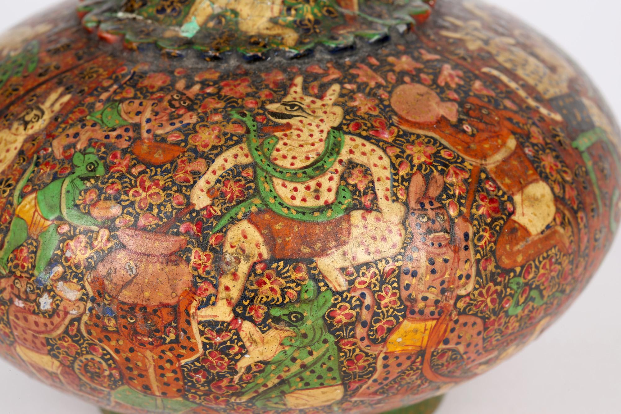 Kashmiri Indian Unusual Antique Lacquered Bottle Vase with Mythical Figures 9