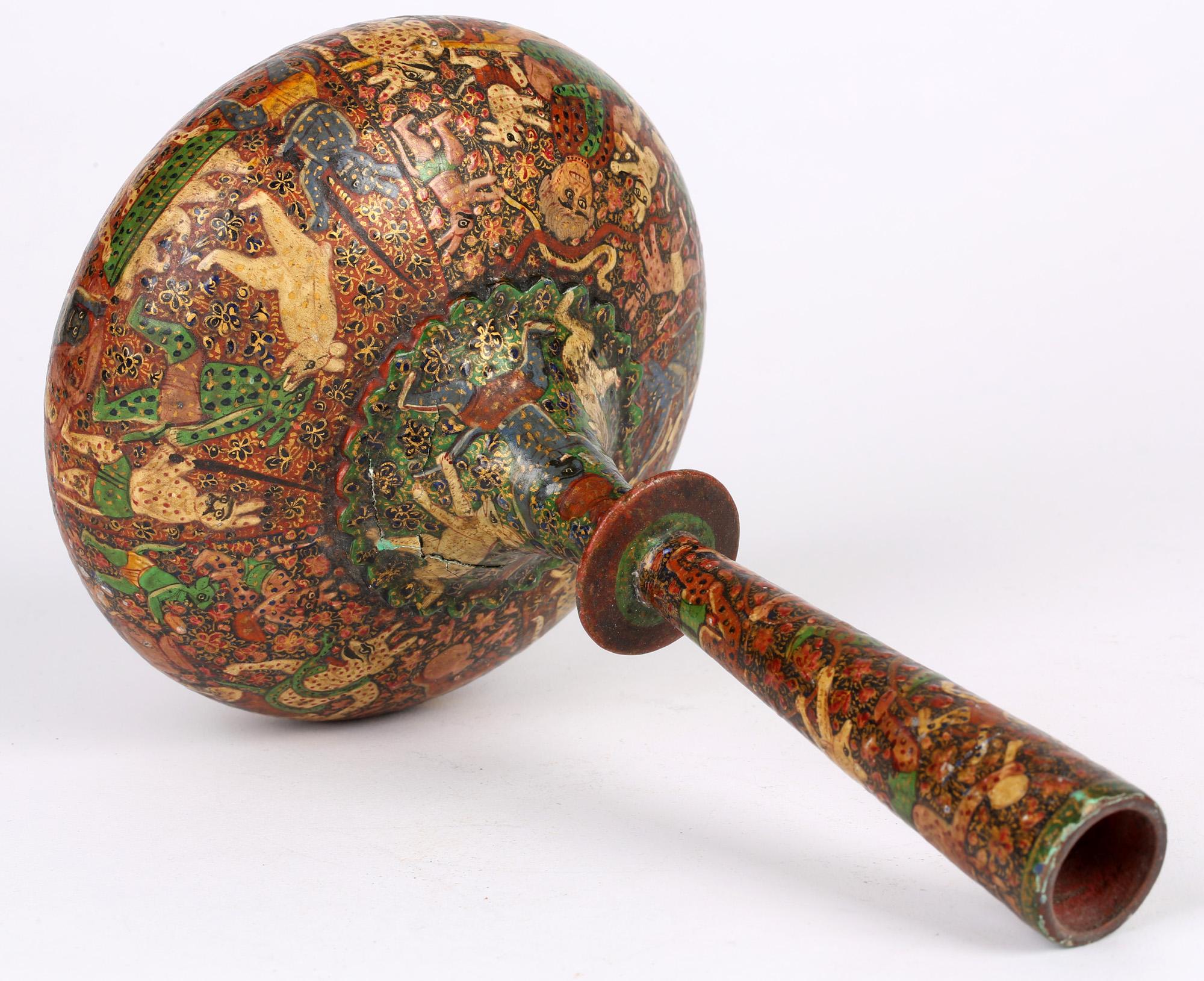 Kashmiri Indian Unusual Antique Lacquered Bottle Vase with Mythical Figures 10