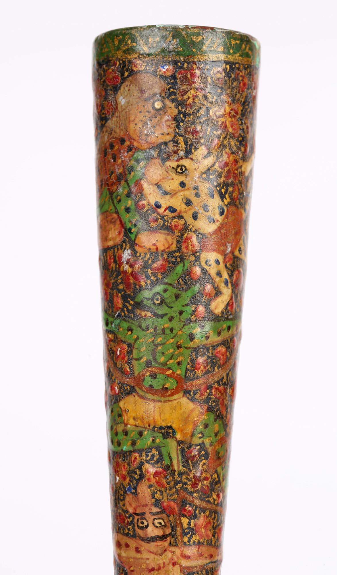 Kashmiri Indian Unusual Antique Lacquered Bottle Vase with Mythical Figures 11