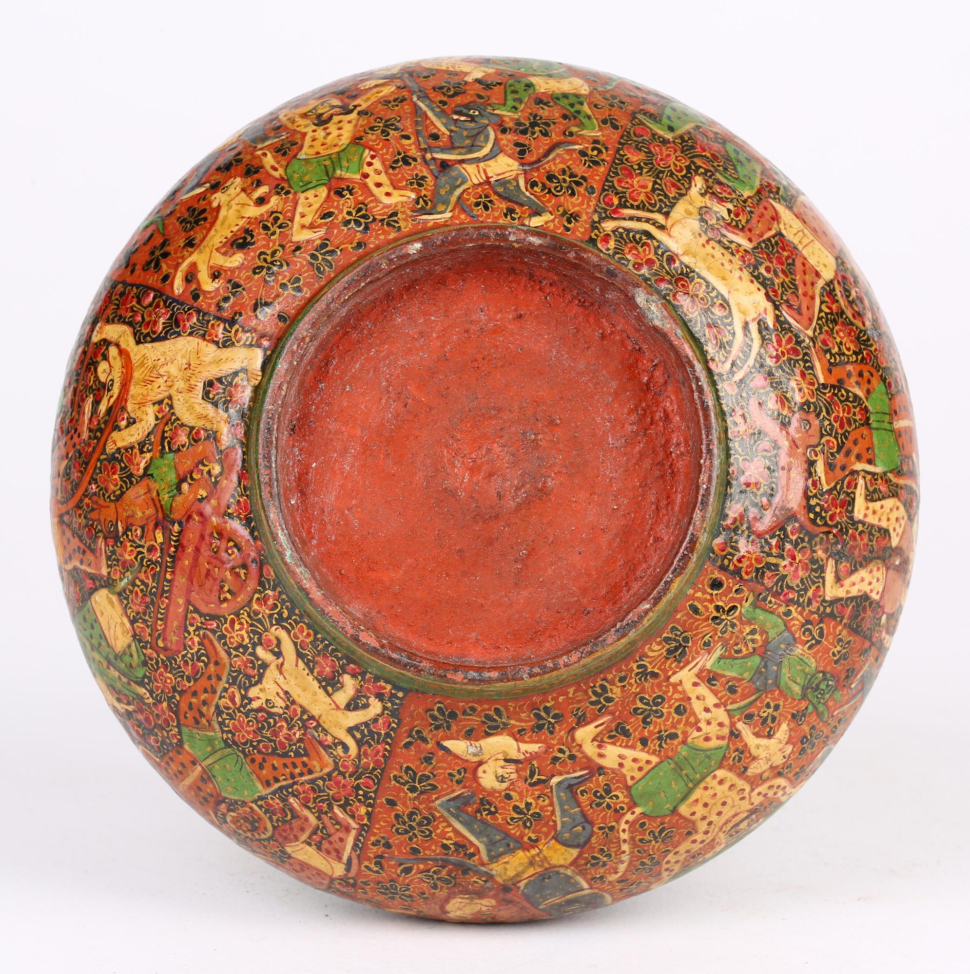 Anglo-Indian Kashmiri Indian Unusual Antique Lacquered Bottle Vase with Mythical Figures