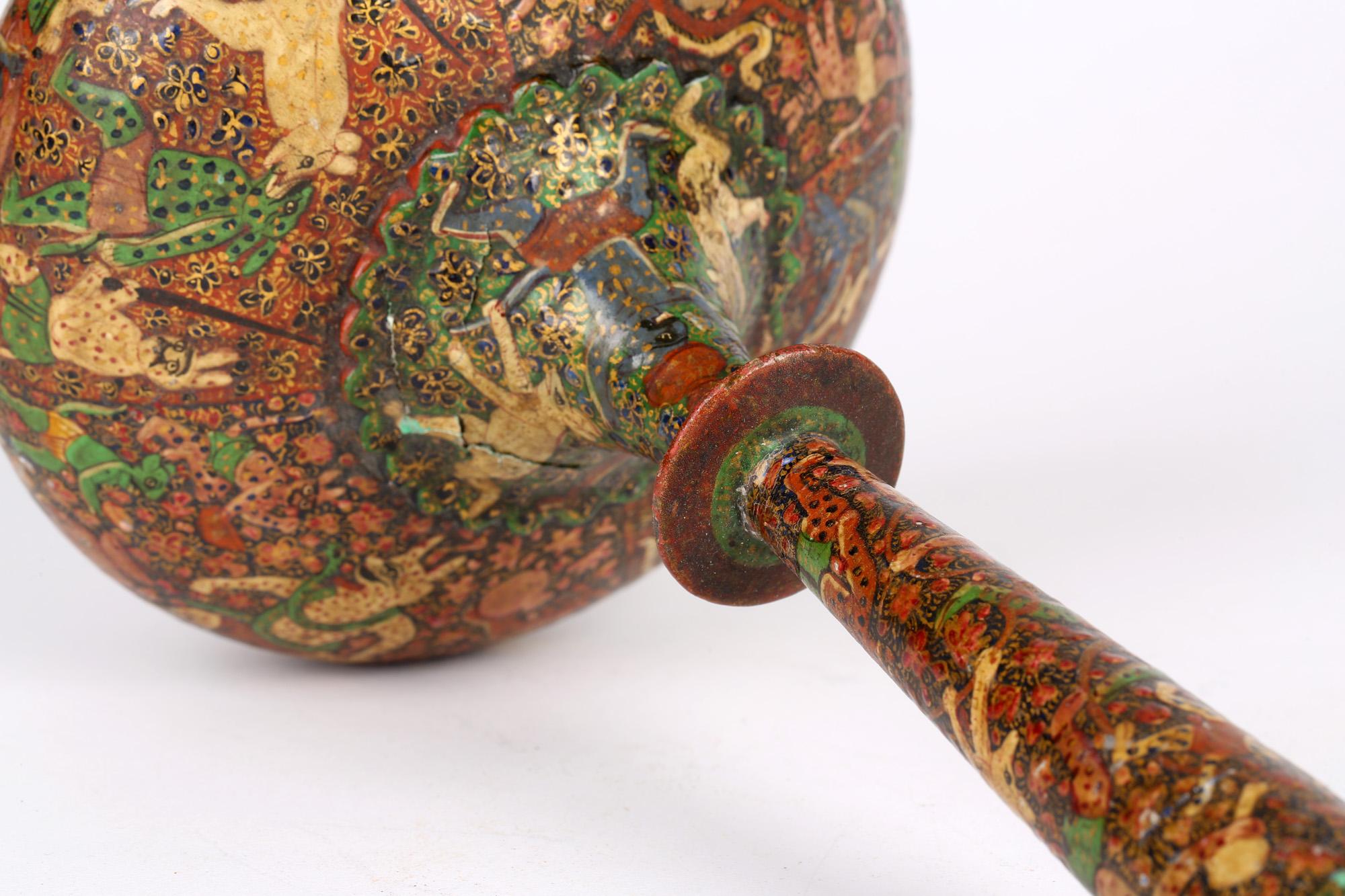 Hand-Crafted Kashmiri Indian Unusual Antique Lacquered Bottle Vase with Mythical Figures