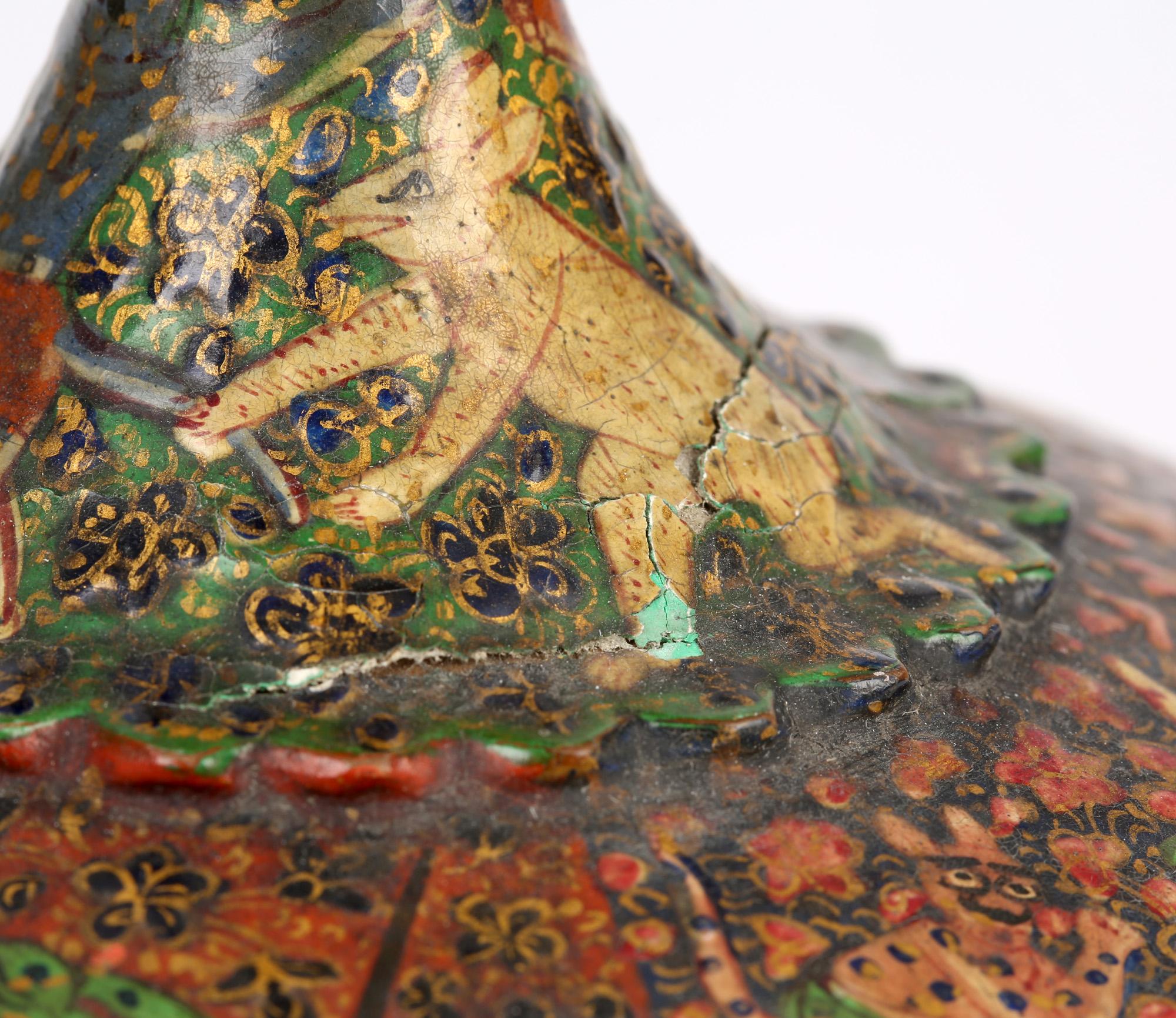 19th Century Kashmiri Indian Unusual Antique Lacquered Bottle Vase with Mythical Figures