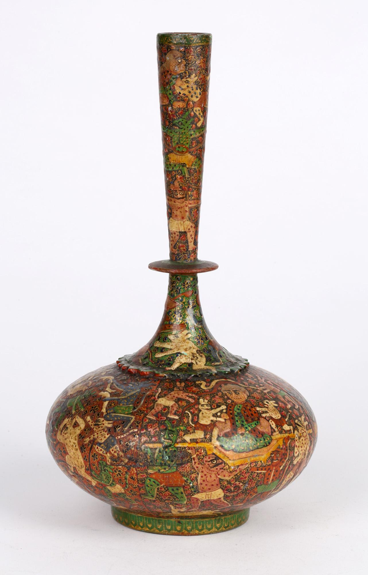Kashmiri Indian Unusual Antique Lacquered Bottle Vase with Mythical Figures 1