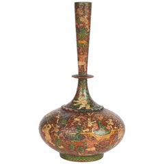 Kashmiri Indian Unusual Antique Lacquered Bottle Vase with Mythical Figures