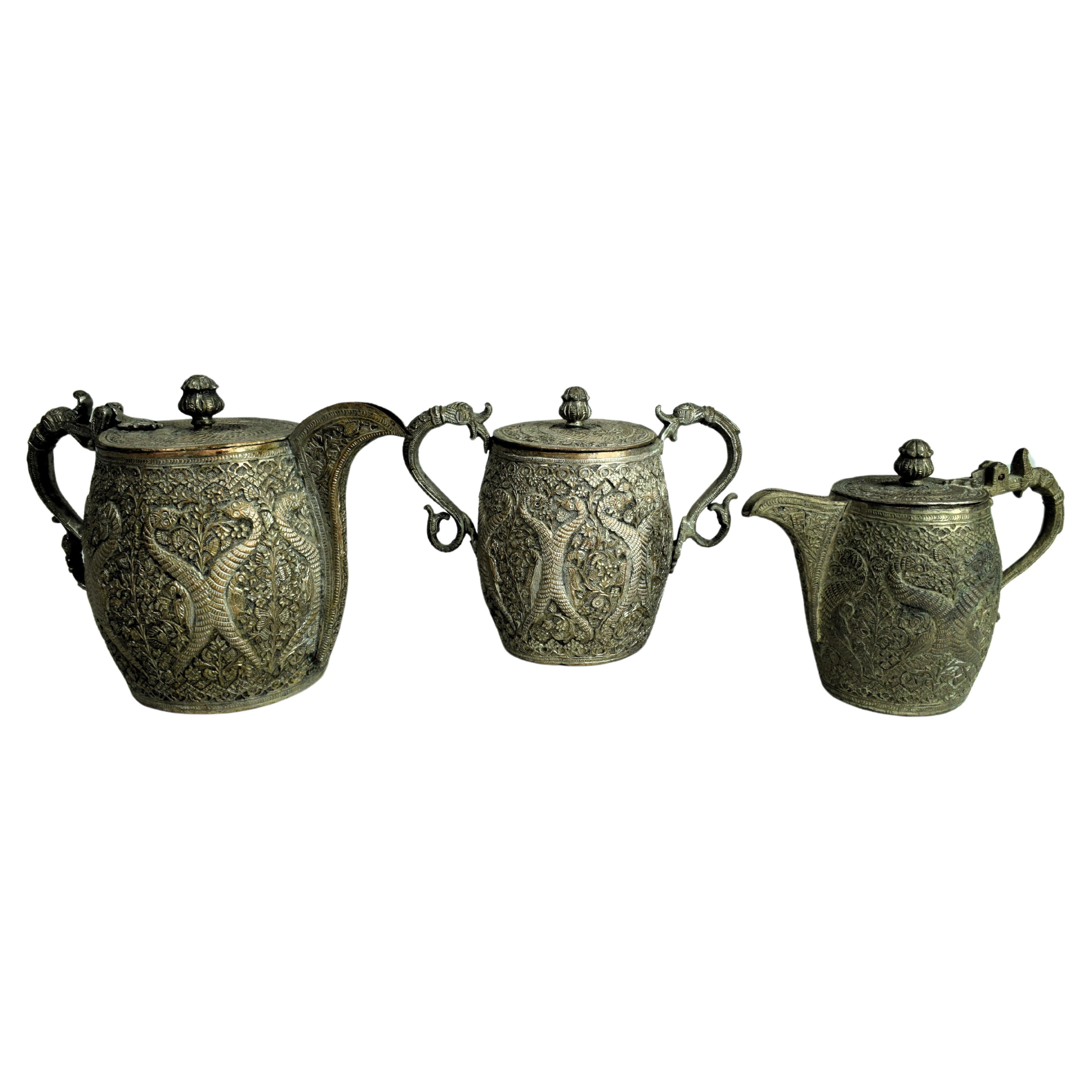 Kashmiri Mughal Copper Engraved Tea Set, Early 19th Century For Sale
