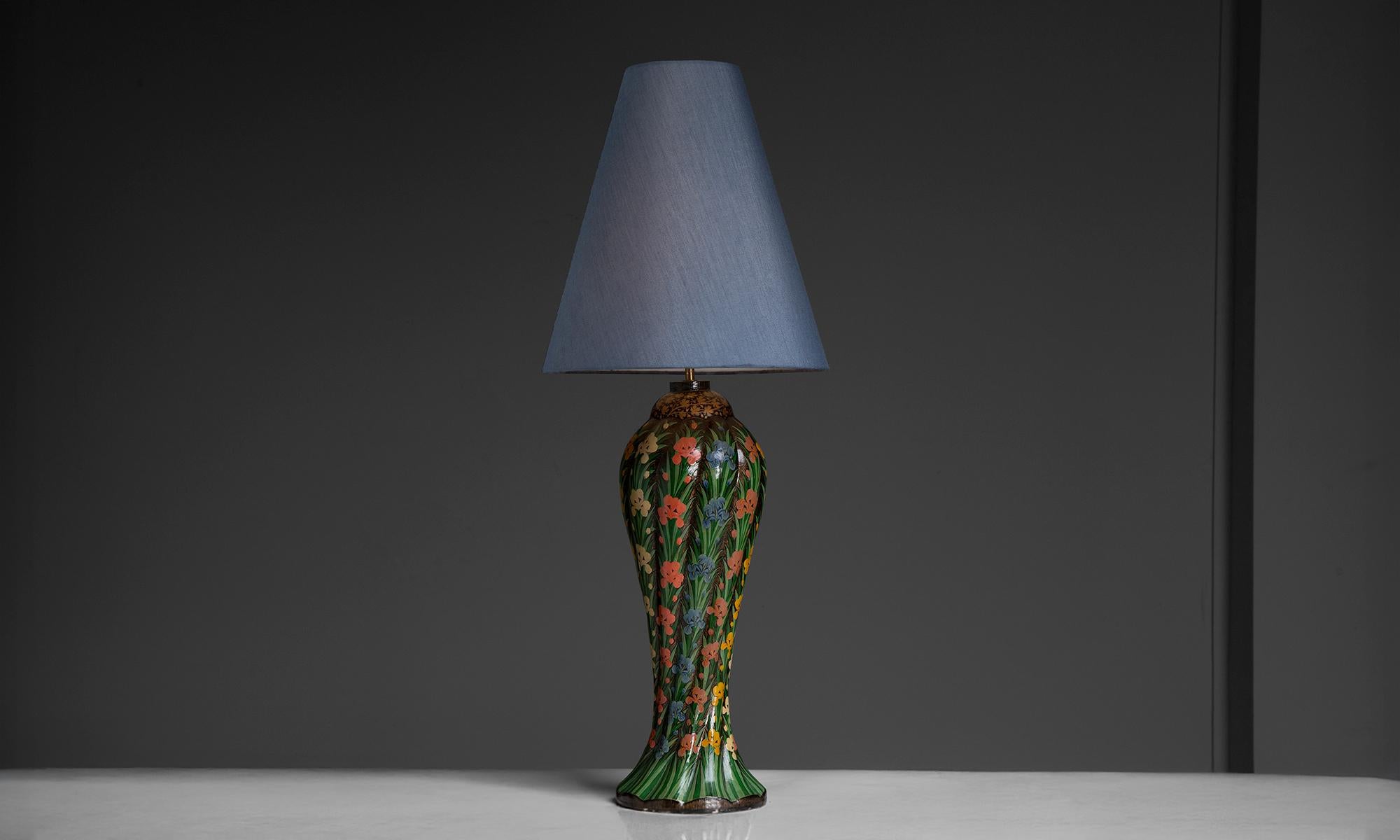 India, 1920
Carved wood and lacquer lamp with hand painted floral motif and newly made linen shade.
15.25”dia x 39”h
Ref. L5159
$ 1,800